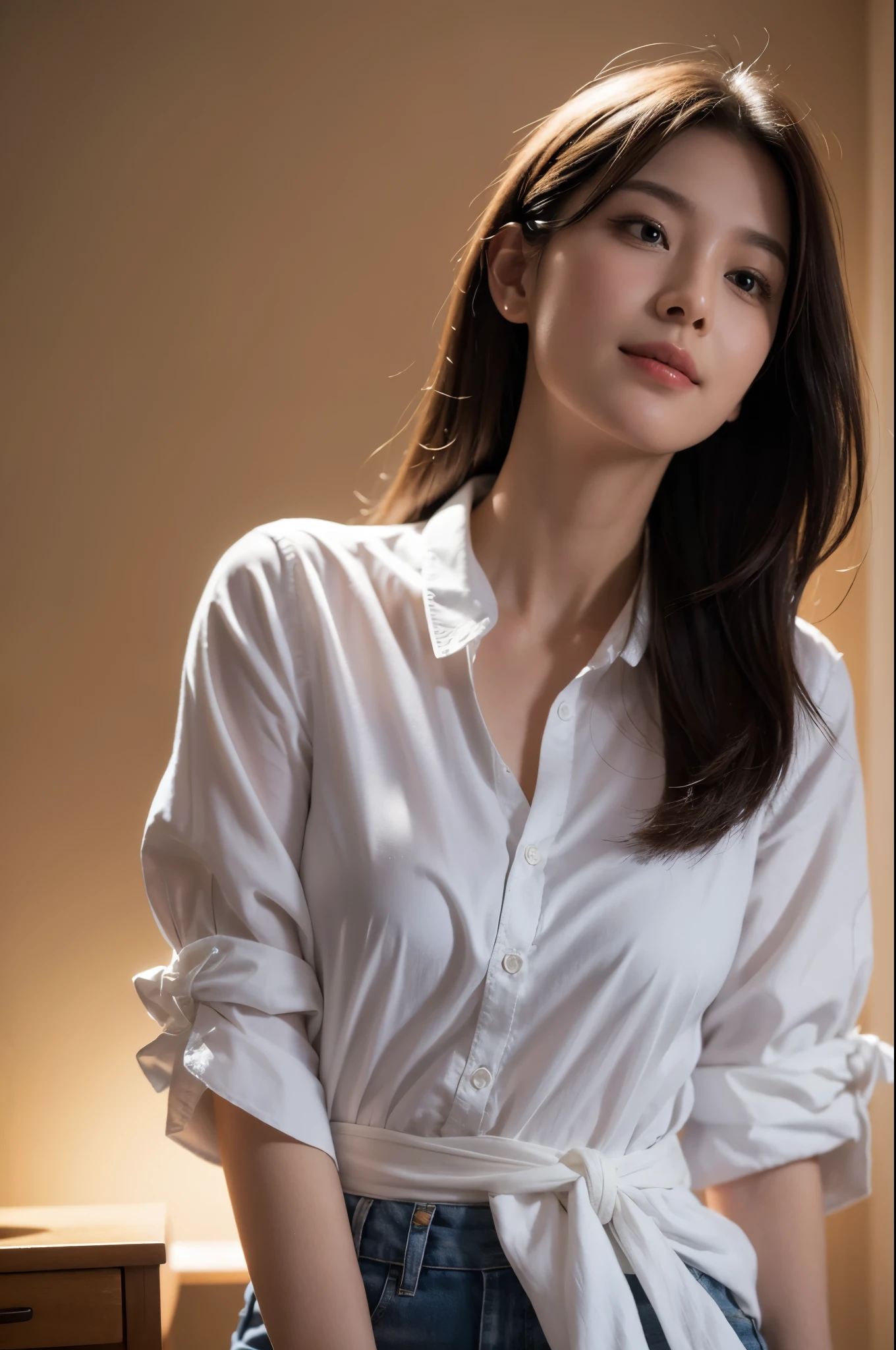 best quality, masterpiece, (photorealistic:1.4), 1girl, light smile, shirt with collars, waist up, dramatic lighting, from below