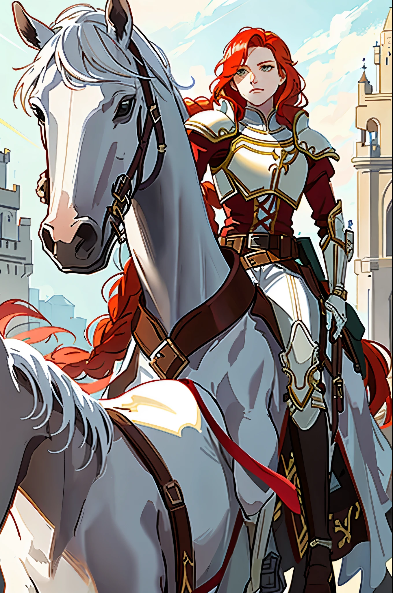 titania, 1horse, white horse, (riding a horse:1.2), braided ponytail, armor, red dress, belt, gauntlets, gloves, armored boots, from below, backlit, silhouette, lens flare, looking down at viewer, fortress, tower, stone fortress, banners, medieval, spear, holding, holding spear, lance, holding weapon