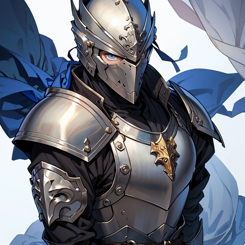 anime, masterpiece, best quality, by professional artist, male, 1man, solo, upper body , detailed composition, detailed eyes, plain white background, medieval fantasy, armored knight with helmet covering his head and face, king's guard