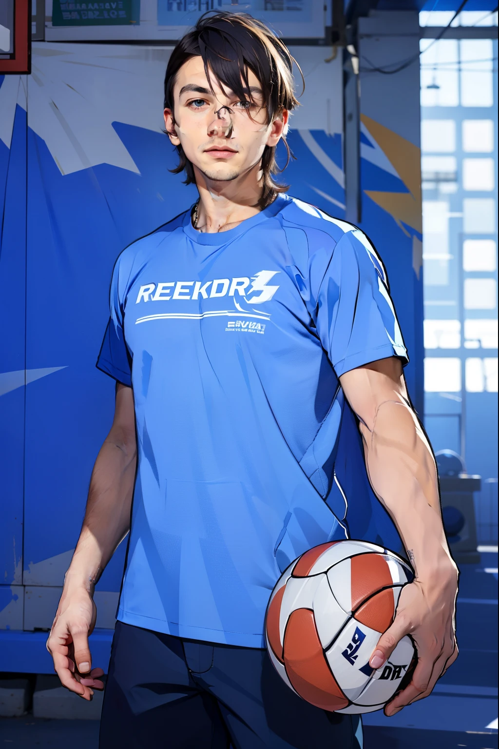 Hombre arafed con una camisa azul sosteniendo una pelota de baloncesto., Luka Mivšek, daniel dociu, retrato en plano medio, Kacper Niepokolczycki, Jakub Rebelka, Jakub Gazmercik, vistiendo una camiseta de voleibol, jakub kasper, foto retrato, manuel sanjulianblue, Sascha Schneider, Maxim Shirkov