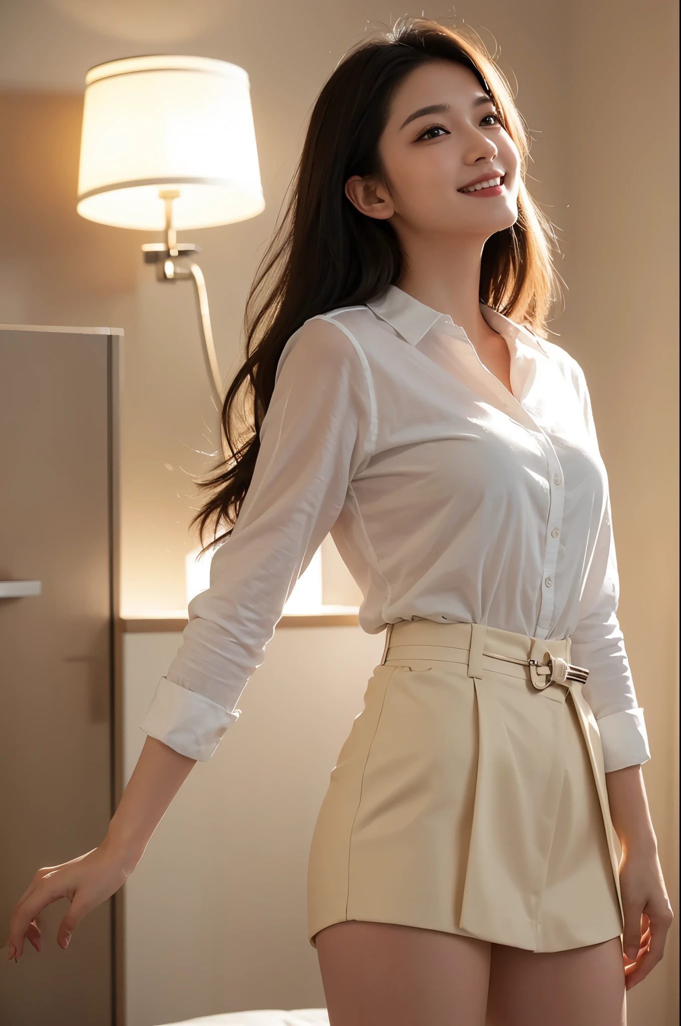 best quality, masterpiece, (photorealistic:1.4), 1girl, light smile, shirt with collars, waist up, dramatic lighting, from below