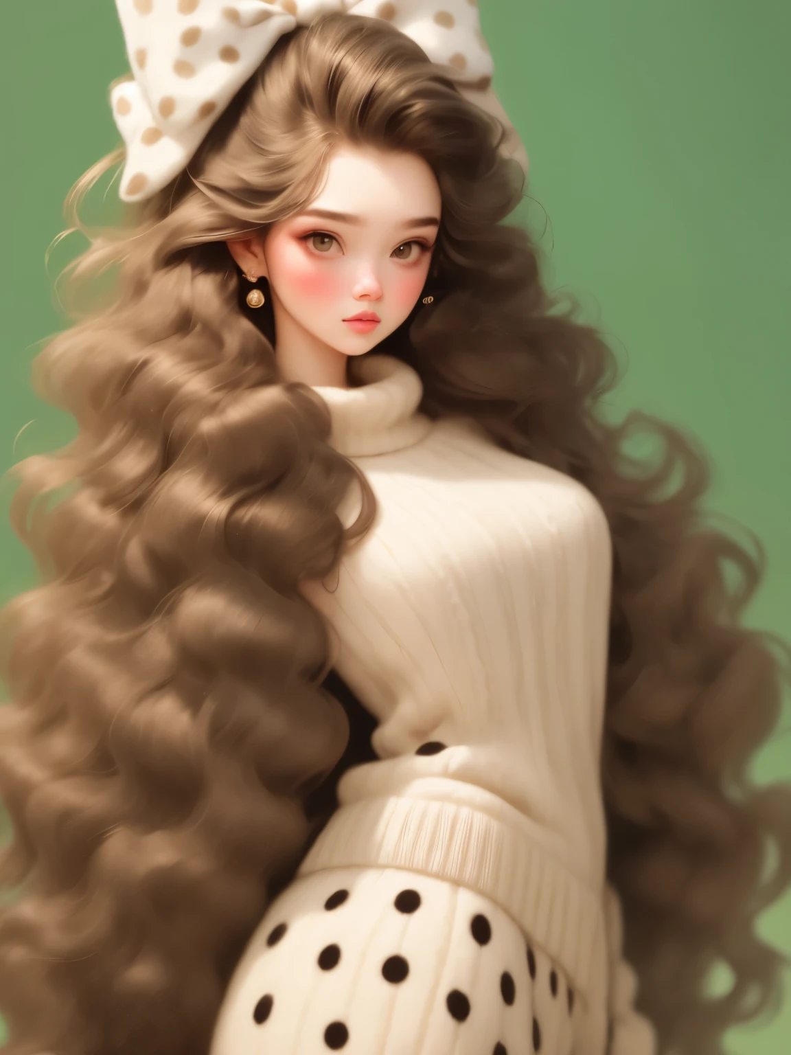 (masterpiece, best quality:1.2),a beautiful girl，Skin detail processing，The eyes are finely described，Delicate hair，wavy long hair，Long light hair，Wear a large bow on your head，Black Sweater，white dots，skirt，Retro contrasting colors，clean background
