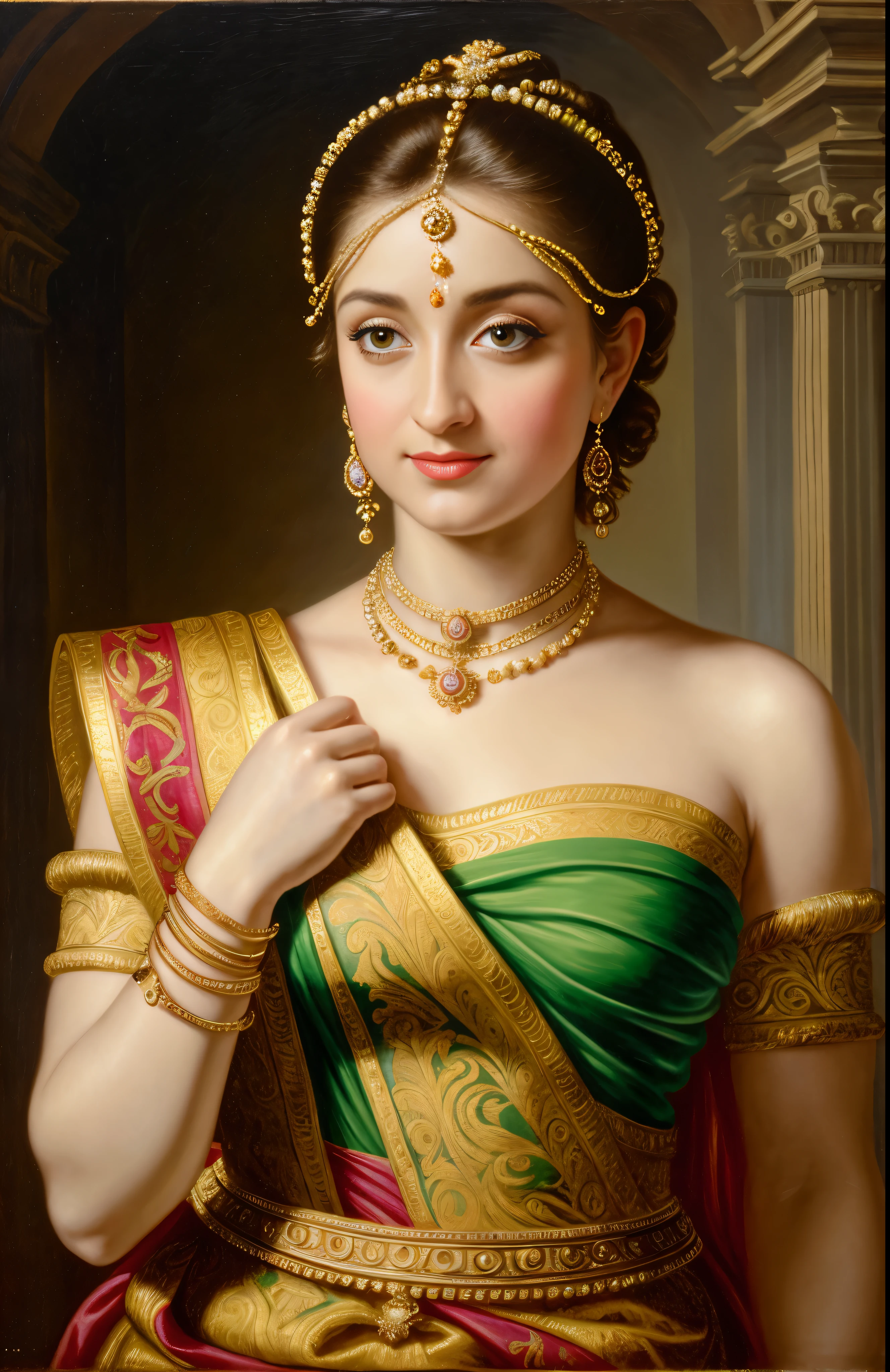 Looks like Trisha Krishnan, Masterpiece, Best quality, high clarity eyes, beautifully styled hair, critically flawless,sharp picture, Full portrait, High pixels, perfect face, perfect eyes, beautiful face, perfect hands,perfect fingers, in Peter Paul Rubens style, by Peter Paul Rubens, baroque style, acrylic on canvas, highly detailed, description: "Create a nymph inspired by the tales of Greek or Roman mythology, embodying the essence of a natural element or location, and possessing a unique ability or trait that sets her apart.", 1 female,