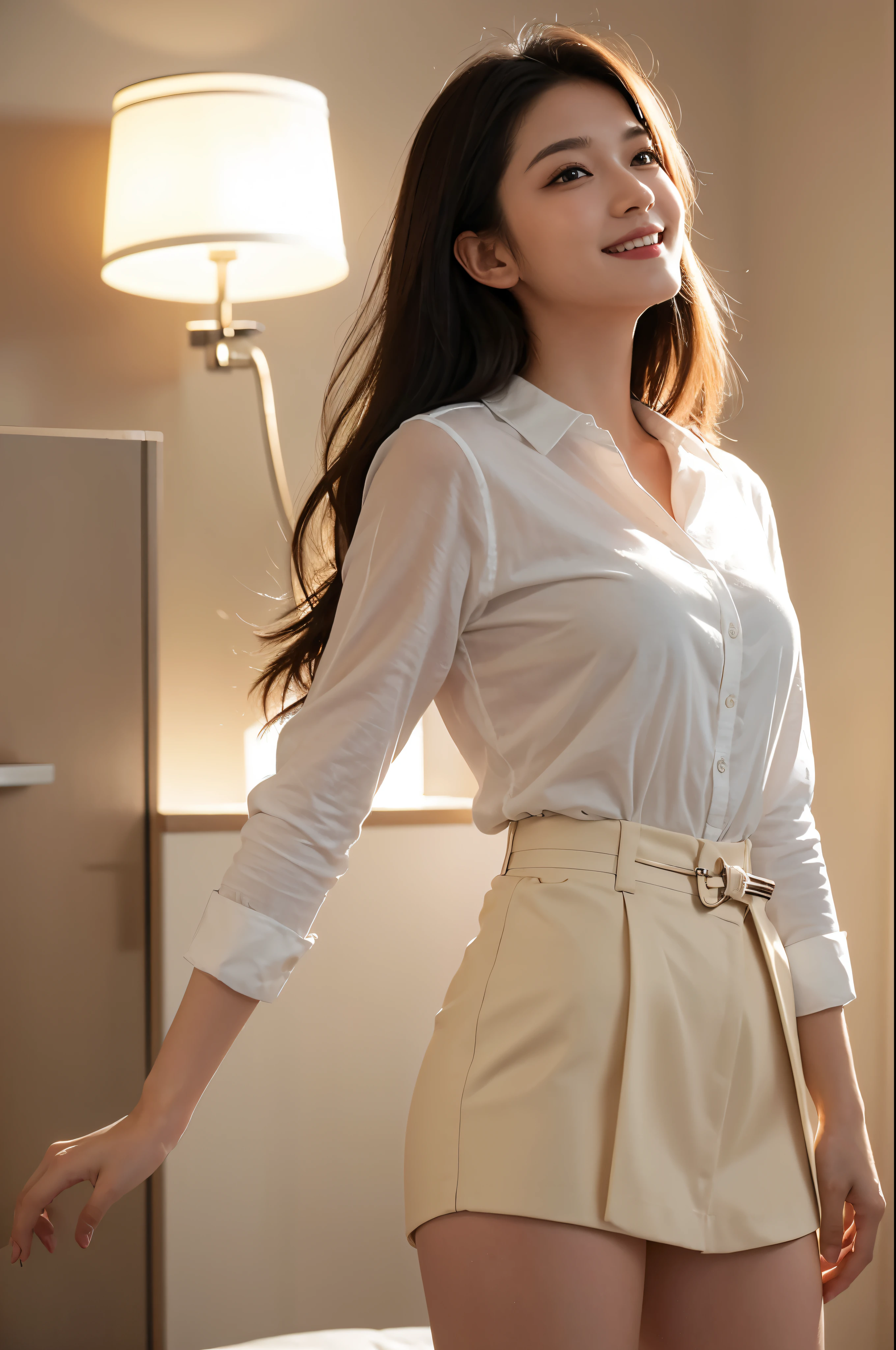 best quality, masterpiece, (photorealistic:1.4), 1girl, light smile, shirt with collars, waist up, dramatic lighting, from below