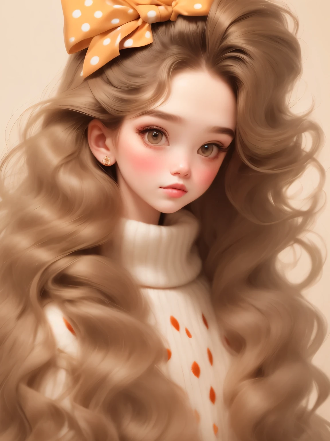 (masterpiece, best quality:1.2),a beautiful girl，Skin detail processing，The eyes are finely described，Delicate hair，wavy long hair，Long light hair，Wear a large bow on your head，Black Sweater，white dots，skirt，Retro contrasting colors，clean background
