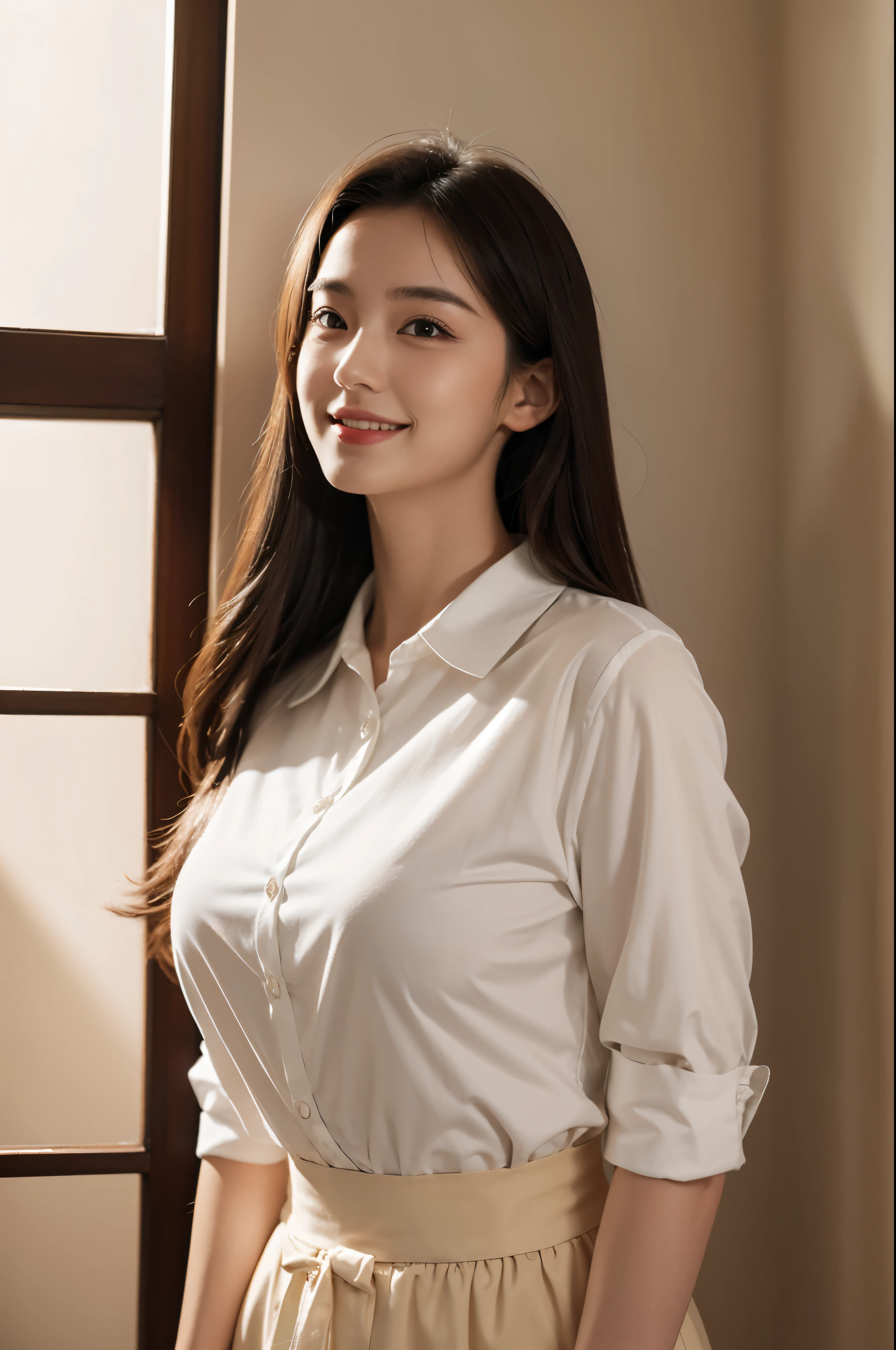 best quality, masterpiece, (photorealistic:1.4), 1girl, light smile, shirt with collars, waist up, dramatic lighting, from below