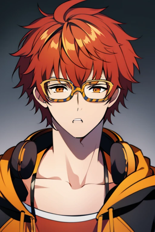 solo, looking at viewer, short hair, simple background, shirt, 1boy, white background, collarbone, jacket, upper body, male focus, red hair, parted lips, open clothes, glasses, hood, black jacket, orange eyes, sparkle, hoodie, headphones, hood down, red shirt, hooded jacket, headphones around neck