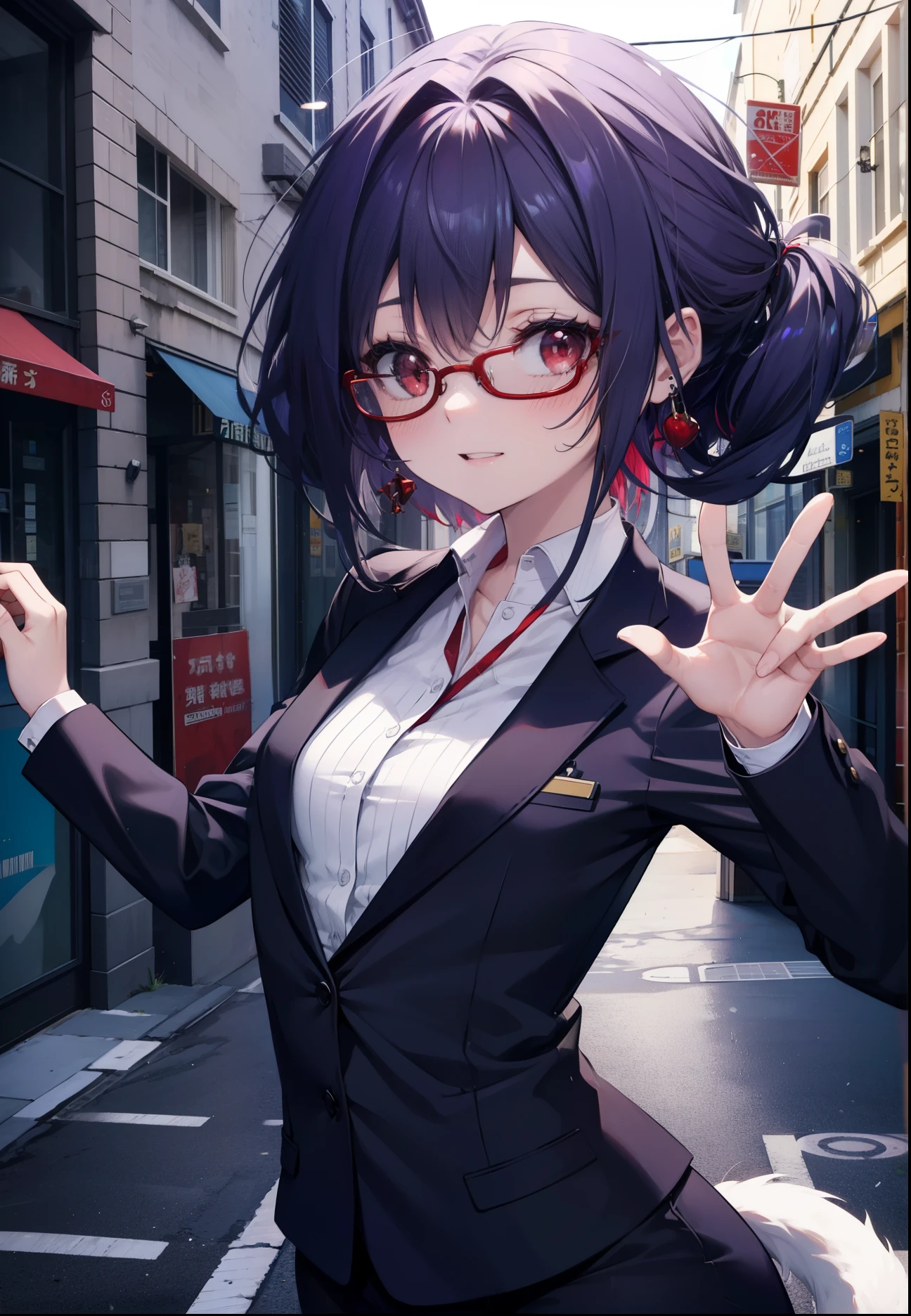 yuukikonno, Yuki Konno, hair band, long hair, pointed ears, purple hair, (red eyes:1.5), (small breasts:1.2), open your mouth,animal ears dog ears,Animal tail dog tail,OL, red glasses, Fundo, black suit jacket, collared jacket, white dress shirt, collared shirt, neckline, button, strap, ID card on neck, black pencil skirt, black pantyhose, smile, blush, morning,morning日
break looking at viewer, Upper body, whole body,
break outdoors, In town,building street,
break (masterpiece:1.2), highest quality, High resolution, unity 8k wallpaper, (figure:0.8), (beautiful and fine eyes:1.6), highly detailed face, perfect lighting, Very detailed CG, (perfect hands, perfect anatomy),
