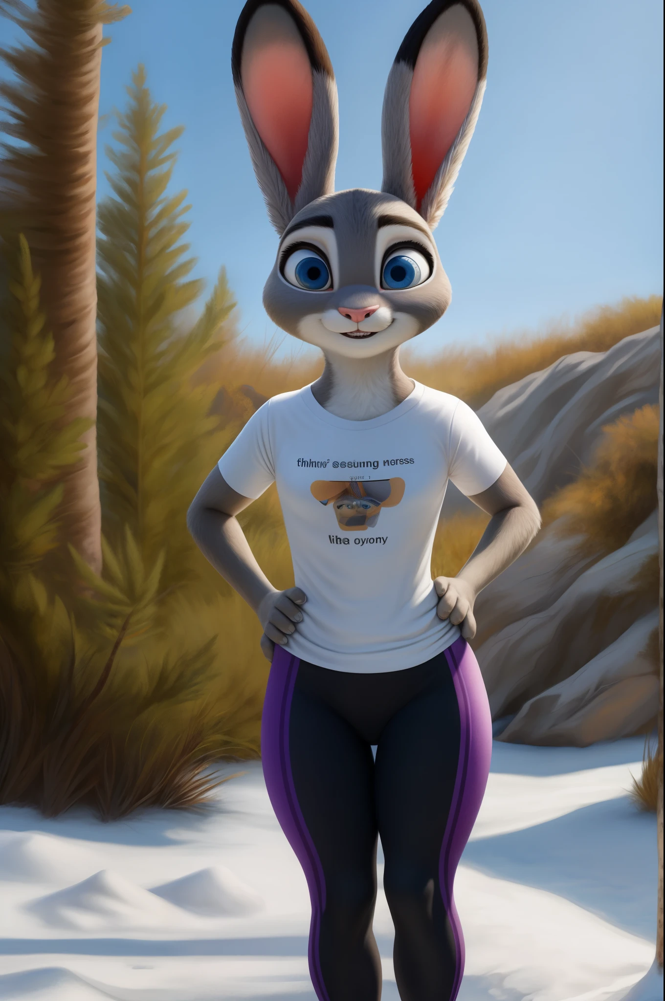 judy hopps,with yoga pants, with boots, with a t-shirt, in the snow,crotch view