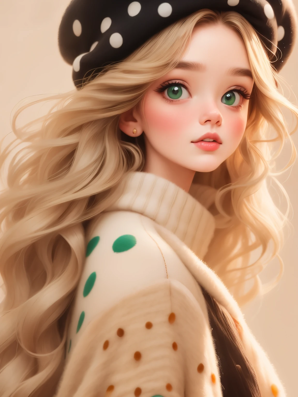 (masterpiece, best quality:1.2),a beautiful girl，Skin detail processing，The eyes are finely described，Delicate hair，wavy long hair，Long light hair，Berets，Green sweater，white dots，skirt，Retro contrasting colors，clean background
