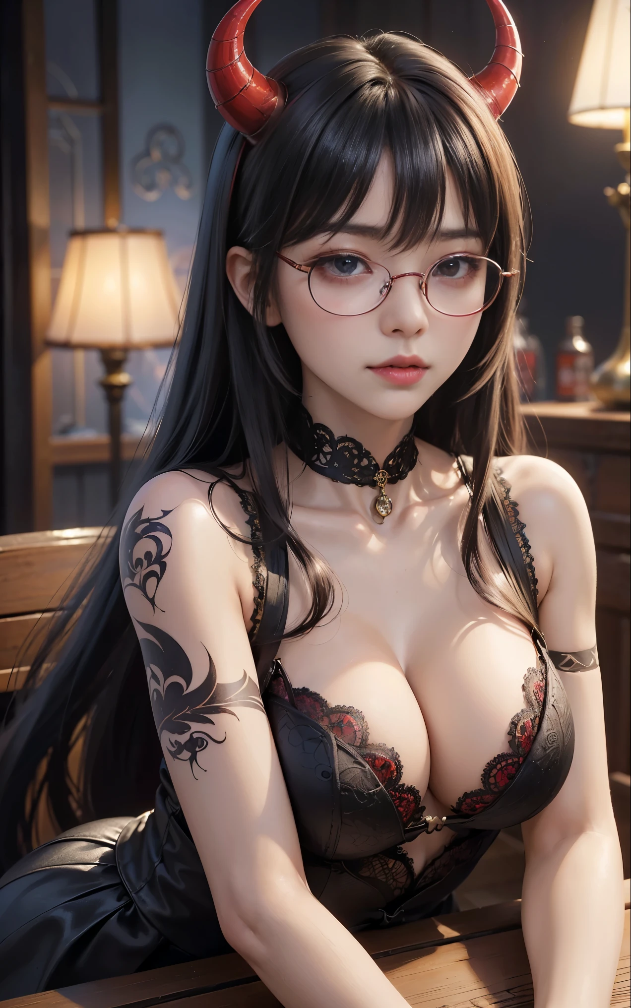 OKですかですか、(best illustrations)、8k UHD resolution、intricate details、highest quality、realistic、Super detailed、best lighting、best shadows、soft lighting、Ultra HD、超realistic、Tyndall effect、Photoreal、(high detail skin:1.2)、 (intricate details, compensate, face to face with the children_v1:0.5), (OK, beautiful and delicate face, OKですか, beautiful and delicate eyes, perfectly proportioned face, high resolution skins, fine skin, Optimal ratio of 4 fingers and 1 thumb, arm under chest, red tattoo on lower abdomen、wow wow, wide hips, smooth abdomen, thin and thin skin, __fashion__, __hair__:1.25)、Digital single-lens reflex camera、 absurd、(table top: 1.3), (maximum resolution: 1.2), (Ultra HDTV: 1.2), cinematic light, fine eyes and skin, detailed facial features, , (sharp focus: 1.2）, (focus on face:1.2),perfect style, beautiful face, acura, anatomically correct, Highly detailed face and skin texture, fine eyes, double eyelid, thin eyebrows, glitter eyeliner: 1 natural cheeks, Glossy skin, Fair skin: 1.2, (glossy lips: 1.4),(embarrassed look: 1.2),Highly detailed face and skin texture, fine eyes, double eyelid, natural cheeks,  glossy lips: 1.4,exposed cleavage、Bewitching。charm、 Beautiful devil woman from hell, Surreal female portraits by David Hockney and Alphonse Mucha, charm女性の肖像画、fantasy art, chinese doll、chinese actress、dungeon、dragon、devil&#39;palace of、devil&#39;torture chamber、night、dark style 、in the dark、(detailed spooky background:0.8), magic、 1 girl、evil nun、dark necromancer、Succubus、devil&#39;Daughter of、Shinonome Umi、bat wings，(((devil&#39;Horn)))、 ((((giant glasses, otaku glasses, thick glasses, round glasses)))),(((big breasts)))、(devil&#39;Tail)、(red eyesは光り輝いて:1.6)、red eyesは非常に鮮明で詳細です, your eyes are made up so beautifully, ((red eyes:1.0)),intricate tattoo, demonic intricate tattoo, tattoo on thigh, body tattoo, masterpiece、最もbeautiful face、baby face、cute smile、beautiful plump red lips、筋肉のcharm体、devilのcharm体、devil style、charmブラックマジックコスチューム、The long-haired、Braid、Black hair、Ponytail distortion、, Ponytail with a bow tied at the back of the hair, beautiful expression、body up、big breasts強調、bust,  super tight chest, Breast augmentation surgery, The chest is very large and round,tight waist、wide ass、 secret key, cowboy lens, (Black Phoenix Dress: 1.0),  devil crown,  red sparkling gemstone necklace、Jewelry G Wise,  Please wear black mesh socks,Wear light red、nffsw, nffsw, meet beautiful girls, looking at girl&#39;body of,