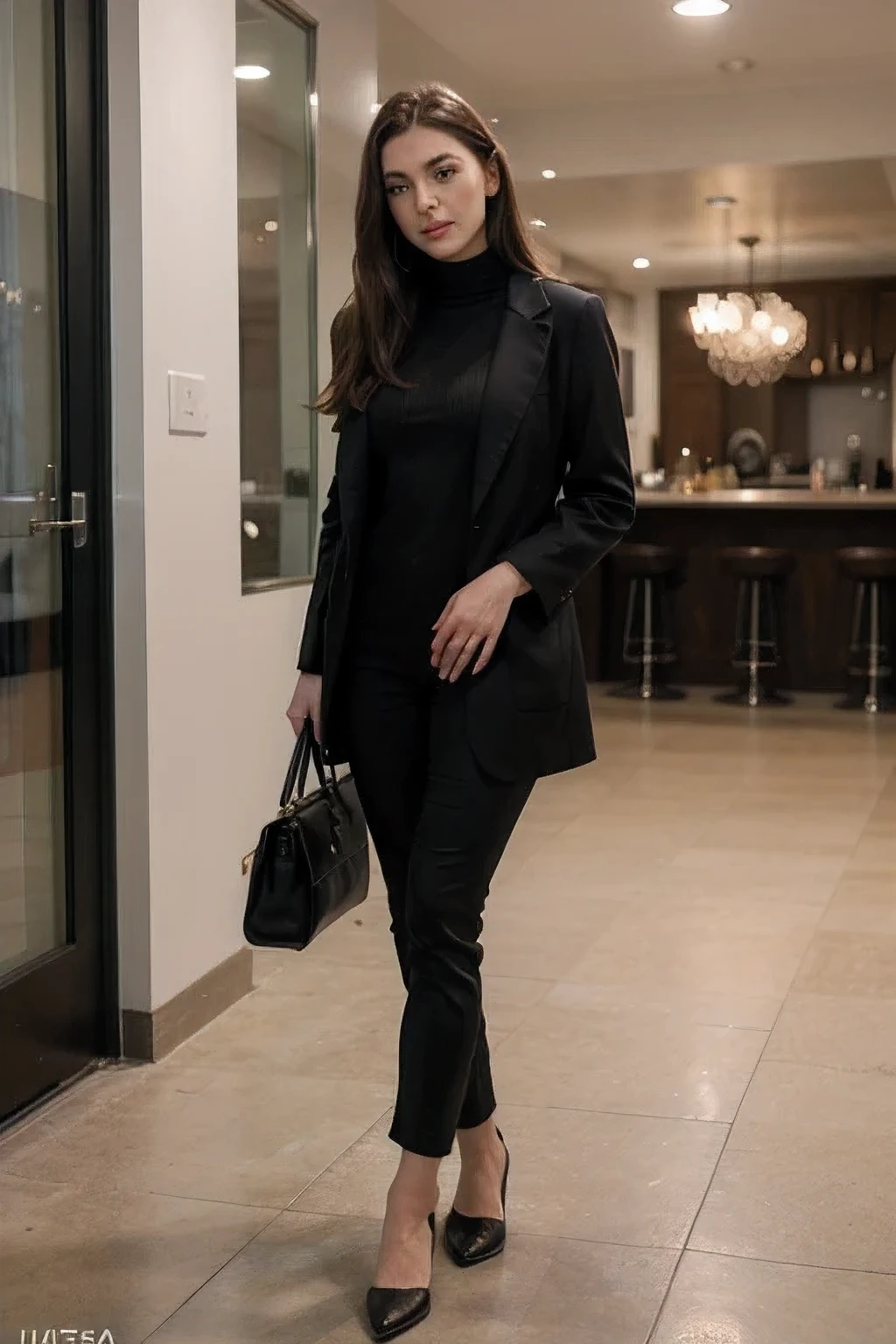 mature woman, 30 years, Brown hair, European woman, full body photo, several views, decrease, serious, Beautiful, chill, realistic hair, green eyes, Discreet posture, European eyes, Medium-sized construction, Medium round, Medium length coat, Beautiful clothes, Cute black suit, Modern office, Lid bar, masterpiece, ultra high resolution, (photorealistic: 1.4), raw photo, ultra realistic,  detailed background, exquisite, detailed, Realistic face, detailed face, Realistic skin, (raw photo, Best quality), extremely detailed, computer graphics, unit, Amazing, small parts, slight smile, extremely detailed computer graphics 8k wallpaper unit, huge file size, ultra-detailed, a high resolution, absurdity, soft light, half of the body, Photo without background