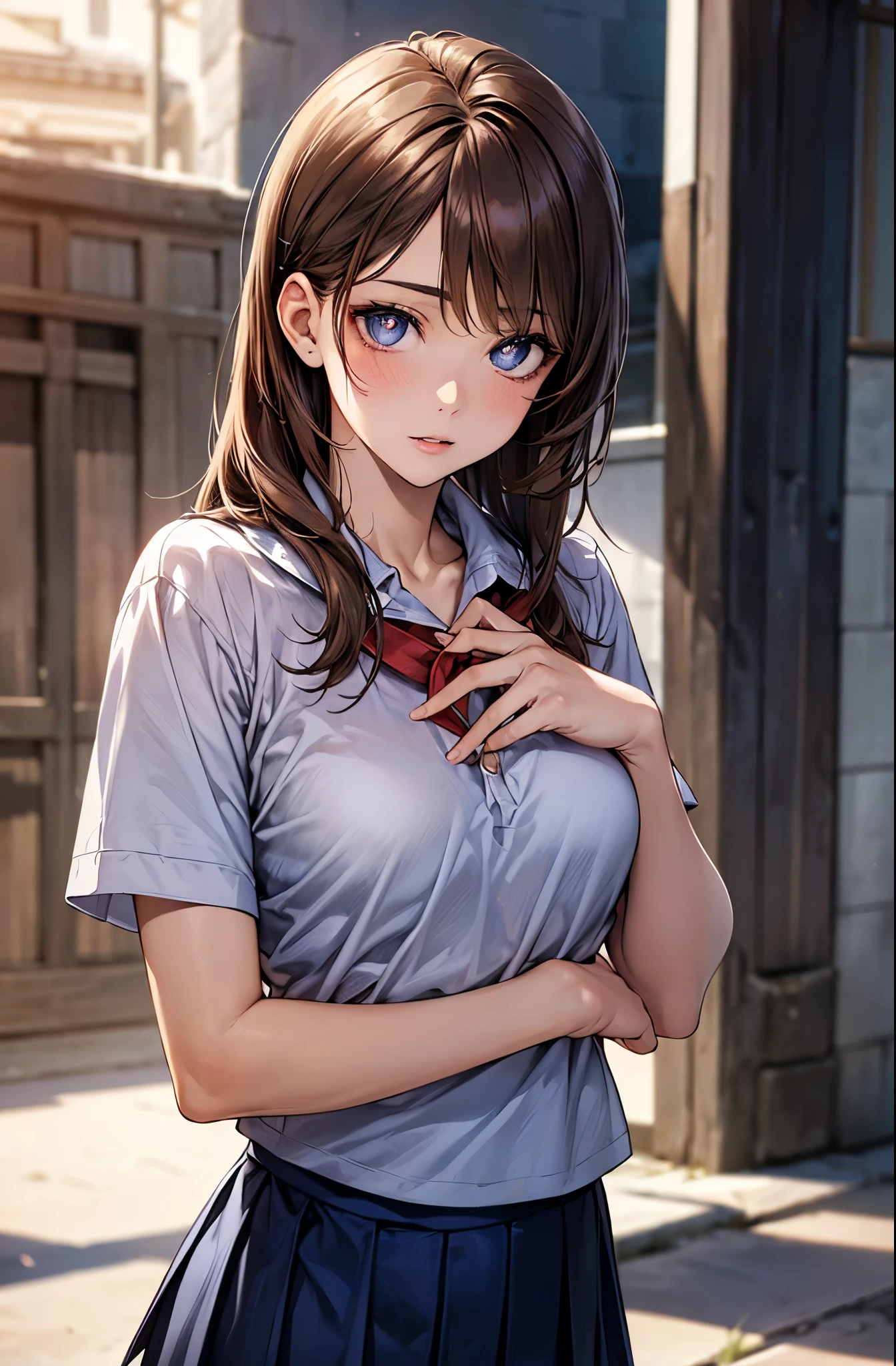 (masterpiece:1.2, top-quality), (realistic, photorealistic:1.4), beautiful illustration, (natural side lighting, movie lighting), nsfw,
looking at viewer, face focus, upper body, 1 girl, japanese, high school girl, perfect face, cute and symmetrical face, shiny skin,
(shoer hair:1.2, half updo:1.2, light brown hair), asymmetrical bangs, blue eyes, drooping eyes, long eye lasher, (medium breasts), slender,
beautiful hair, beautiful face, beautiful detailed eyes, beautiful clavicle, beautiful body, beautiful chest, beautiful thigh, beautiful legs, beautiful fingers,
((detailed cloth texture, short sleeves white collared shirts, navy blue pleated mini skirt, red neck ribbon)),
(beautiful scenery), winter, evening, (outdoors), , (heart shaped pupils, in heat, aroused),