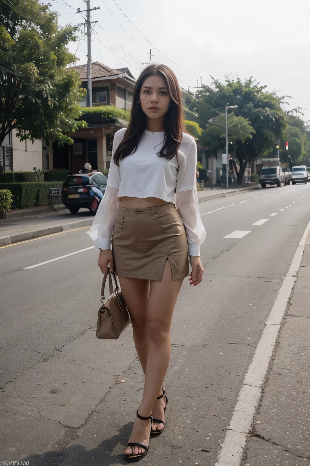Foto realistis cewe cantik indonesia sedang berada disebuah jalan pedesaan,dengan latar belakang pemandangan alam foto full hd