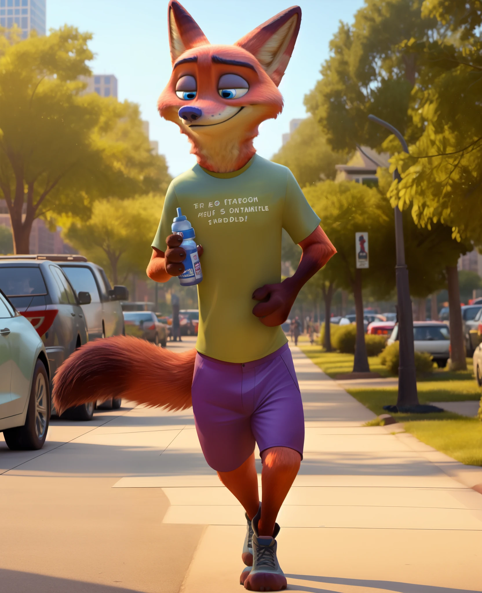 In an animated scene, 32-year-old Nick Wilde from Zootopia walks through a park in sporty attire, carrying a water bottle, showcasing his concern for hydration during physical activity. His casual sportswear includes a snug, vibrant T-shirt, comfortable shorts, and lightweight sneakers for freedom of movement. With brown, slightly tousled hair, his blue eyes express determination and physical effort as he navigates the park's winding paths. The background features a bustling cityscape with skyscrapers and moving cars, capturing the urban vibe. Despite the signs of physical exertion on his face, Nick's expression radiates concentration, determination, and confidence, revealing his enjoyment of outdoor activity amid the urban landscape.