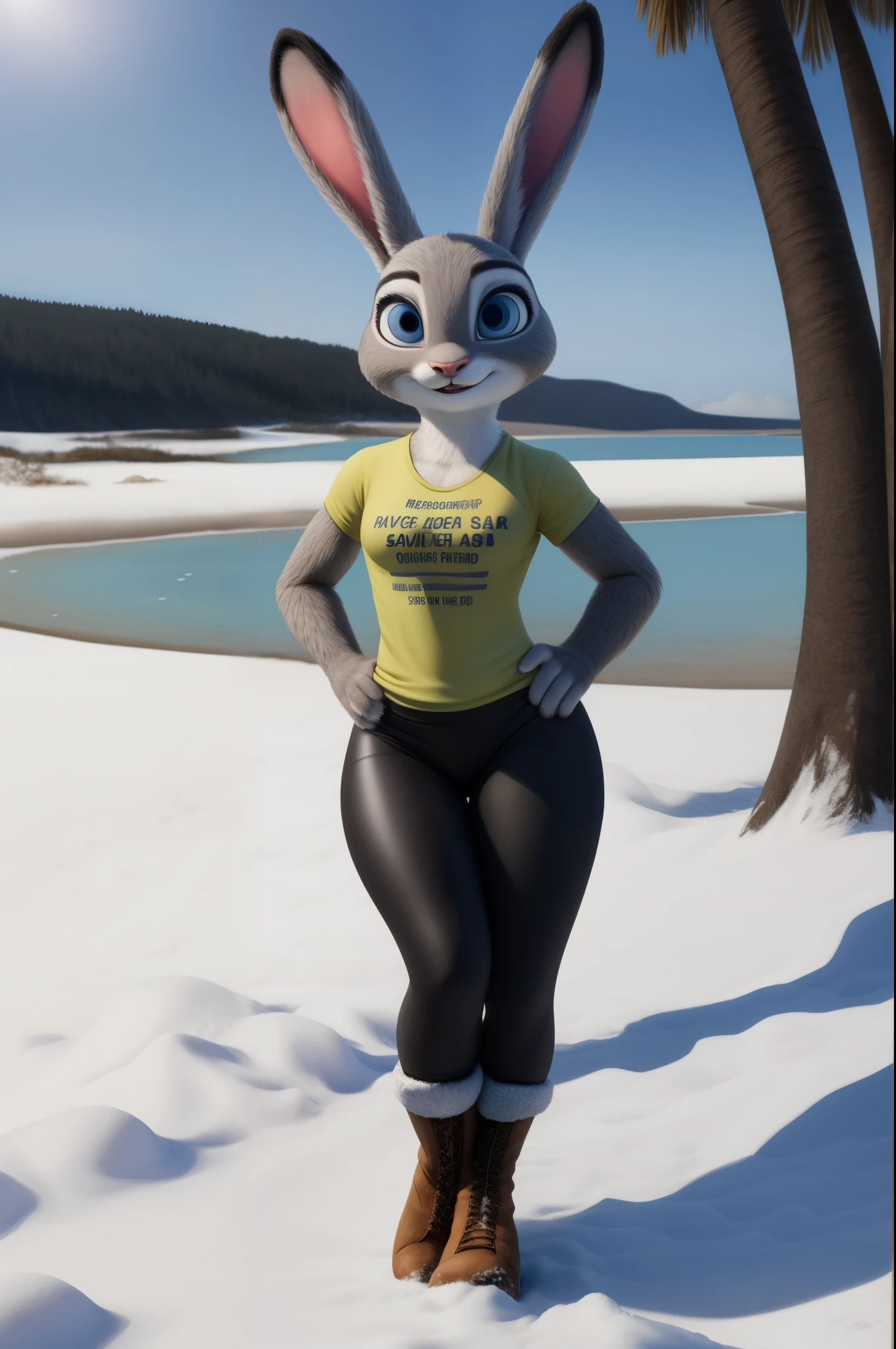 judy hopps,realistic fur,thick legs,thin hip,standing,bright blue eyes,beach,masterpiece,stockings,yoga withe pants t-shirt,snow,boots
