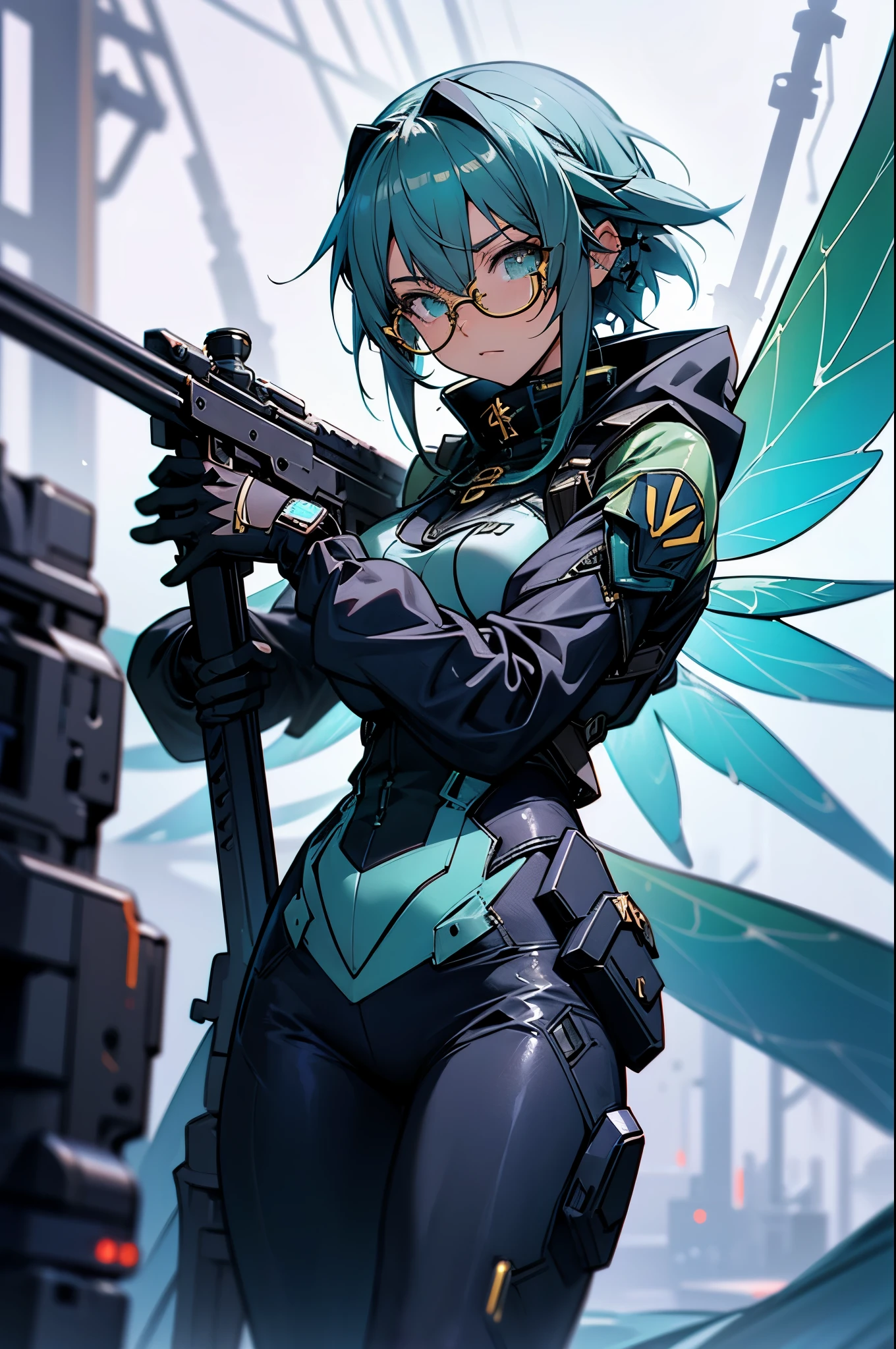 Asada Sinon from Sword Art Online, with magnificent fairy wings, golden glasses, in a masterpiece, best quality 16k anime wallpaper. The background is set in a cyberpunk world, with a sniper aura and stunning bullet effects.
