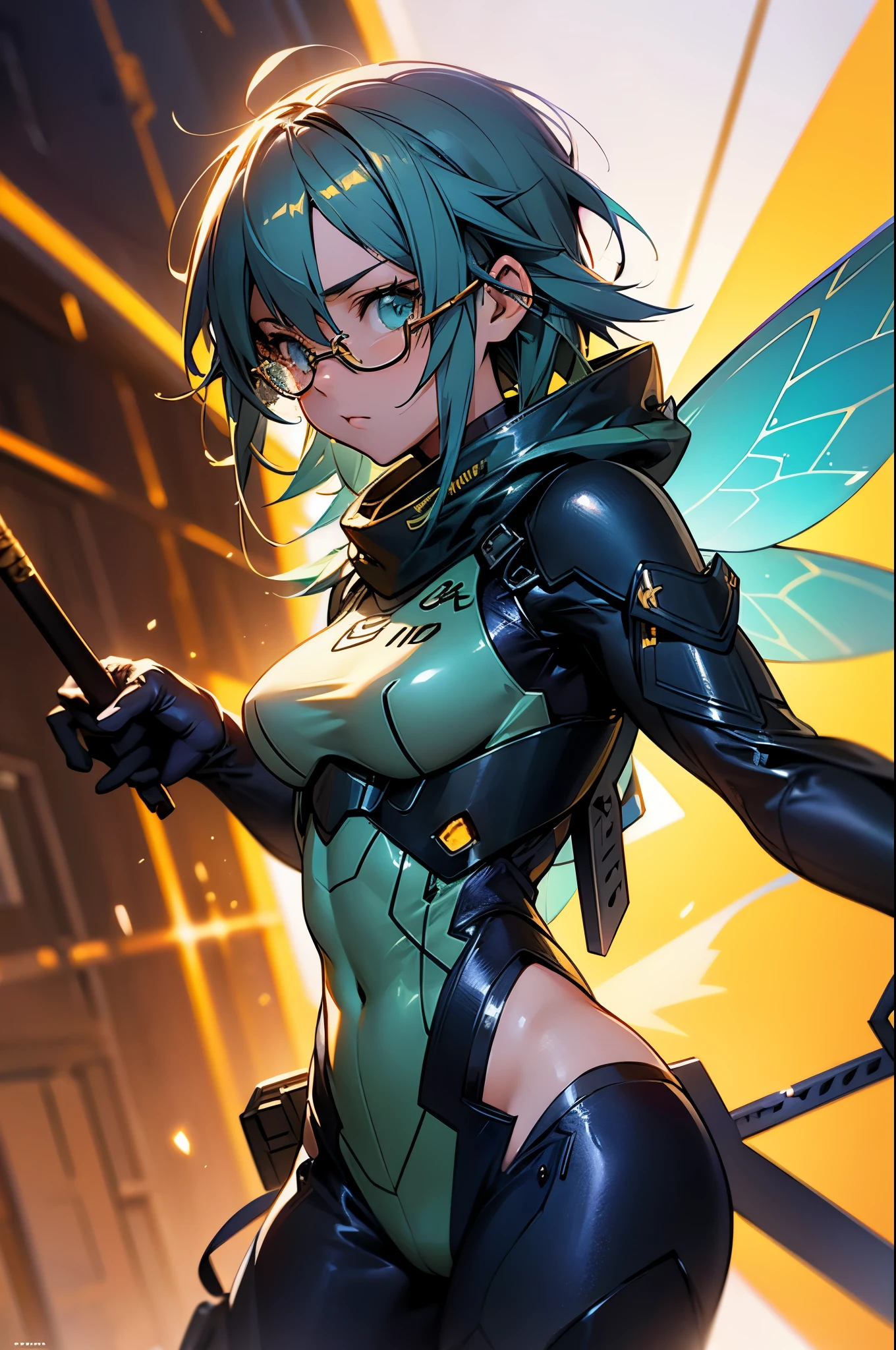 Asada Sinon from Sword Art Online, with magnificent fairy wings, golden glasses, in a masterpiece, best quality 16k anime wallpaper. The background is set in a cyberpunk world, with a sniper aura and stunning bullet effects.
