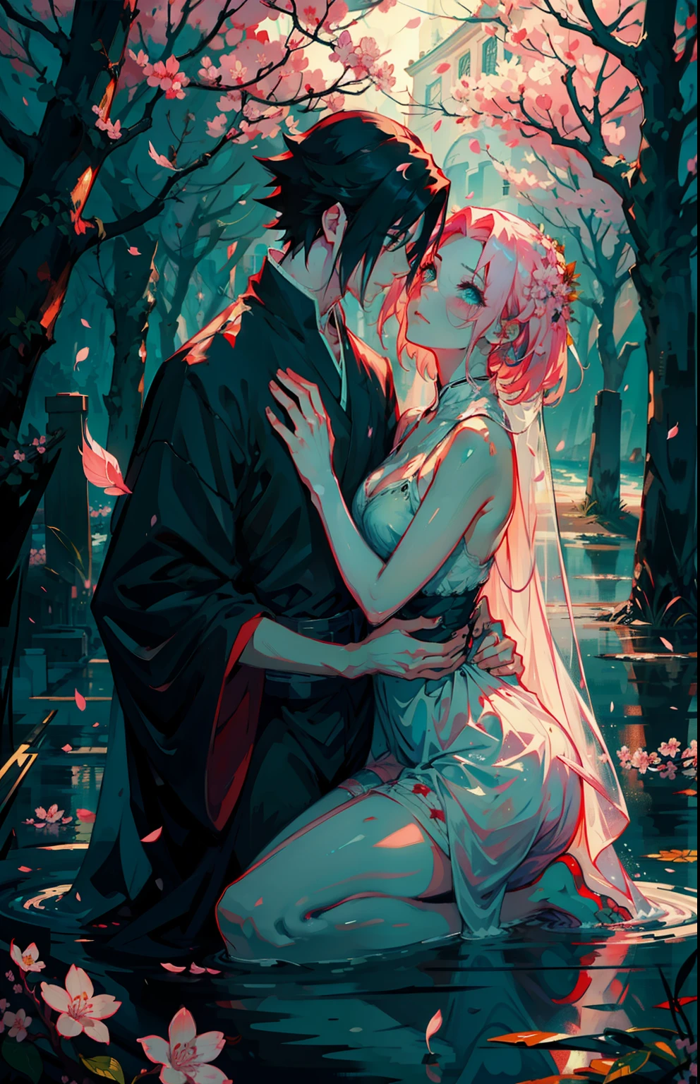 Sakura is kneeling on the wet floor, with her body bent forward and her pink hair framing her face.
Her green eyes are filled with tears as she holds Sasuke in her arms..
Sasuke, com longas asas negras desgrenhadas, is unconscious in Sakura's arms.
Your angelic face is pale and marked by pain, with traces of blood on your lips.An empty, dark street stretches to the horizon.
A chuva cai em torrentes, creating a veil of water that distorts the view.
Lightning cuts the black sky, iluminando a cena por breves instantes.The image is drawn in the illustration style of Lois van Baarle, com linhas finas e delicadas.
The colors are vibrant and contrasting, com tons de vermelho, azul e preto predominando.
Light and shadow are used to create a dramatic and melancholic atmosphere..Sakura's clothes are torn and stained with mud.
Sasuke's wings are stained with blood.
A single cherry blossom floats in the air, symbolizing hope in the midst of tragedy.The image conveys deep sadness and anguish.
Sakura's love and protectiveness for Sasuke is evident in her facial expression and the way she holds him in her arms..
A queda de Sasuke, um anjo outrora glorioso, represents the loss of innocence and the fragility of life.