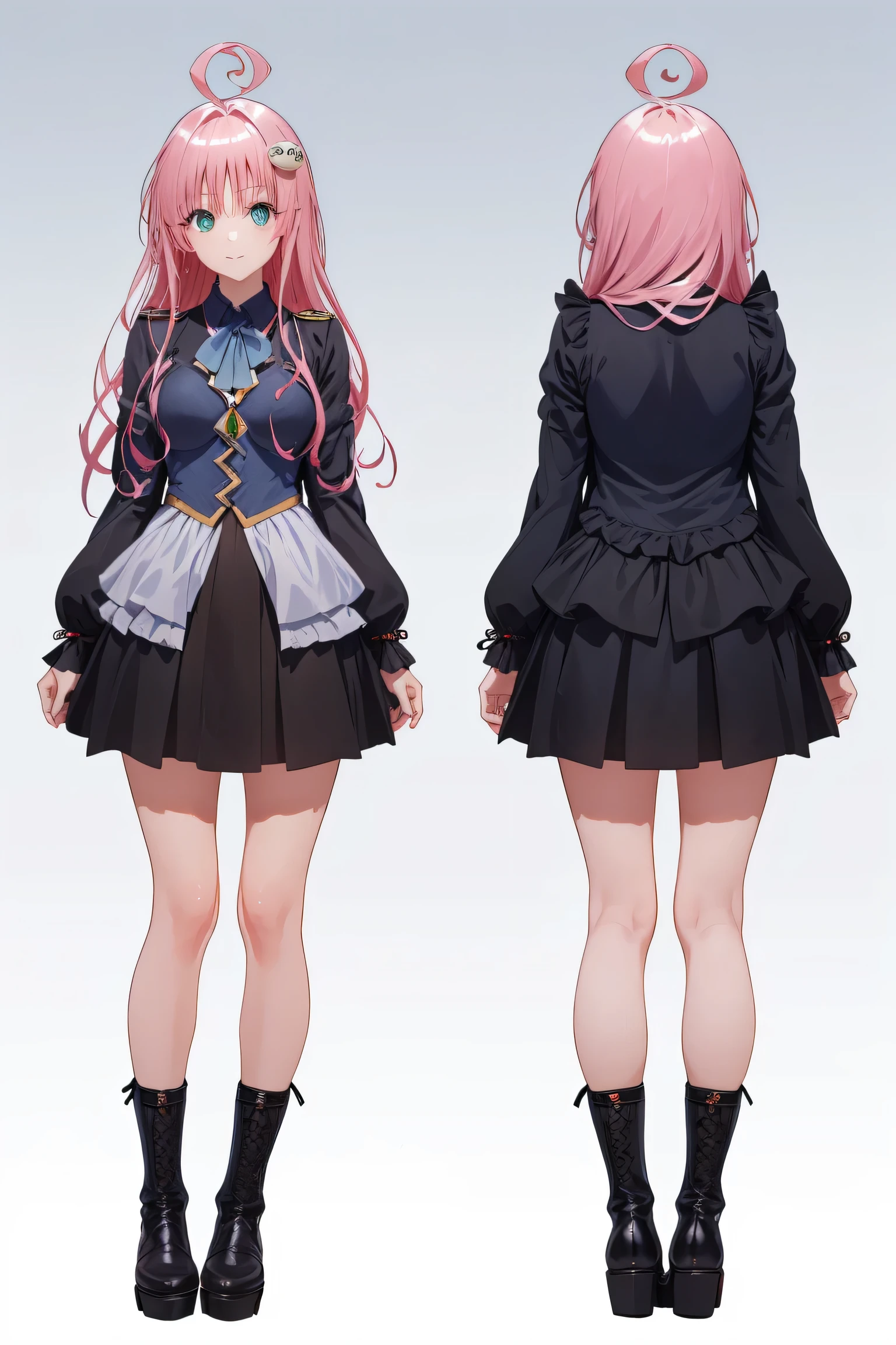 highres, aalala, long hair, ahoge, hair ornament, green eyes, breasts, 
BREAK (aiguillette, ankle boots, black ribbon, black skirt, boots, brown footwear, cross-laced footwear, frilled skirt, frills, jacket:1.2),
BREAK (multiple views:1.5),from behind,from_front,(blue background:1.3),(full body:1.4),arms at sides
BREAK (masterpiece:1.2), best quality, high resolution, unity 8k wallpaper, (illustration:0.8), (beautiful detailed eyes:1.6), extremely detailed face, perfect lighting, extremely detailed CG, (perfect hands, perfect anatomy),perfect face,