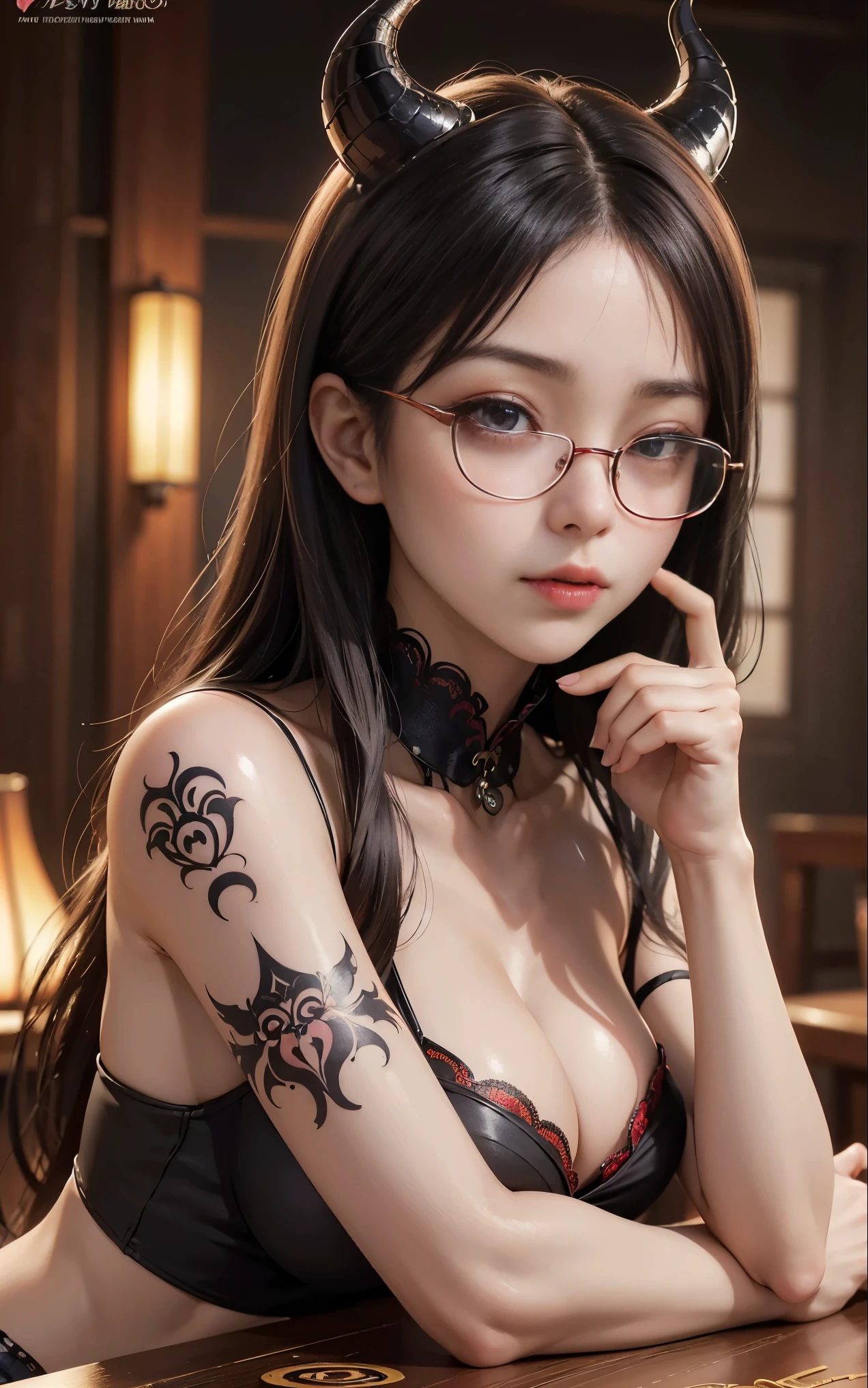 OKですかですか、(best illustrations)、8k UHD resolution、intricate details、highest quality、realistic、Super detailed、best lighting、best shadows、soft lighting、Ultra HD、超realistic、Tyndall effect、Photoreal、(high detail skin:1.2)、 (intricate details, compensate, face to face with the children_v1:0.5), (OK, beautiful and delicate face, OKですか, beautiful and delicate eyes, perfectly proportioned face, high resolution skins, fine skin, Optimal ratio of 4 fingers and 1 thumb, arm under chest, red tattoo on lower abdomen、wow wow, wide hips, smooth abdomen, thin and thin skin, __fashion__, __hair__:1.25)、Digital single-lens reflex camera、 absurd、(table top: 1.3), (maximum resolution: 1.2), (Ultra HDTV: 1.2), cinematic light, fine eyes and skin, detailed facial features, , (sharp focus: 1.2), (focus on face:1.2),perfect style, beautiful face, acura, anatomically correct, Highly detailed face and skin texture, fine eyes, double eyelid, thin eyebrows, glitter eyeliner: 1 natural cheeks, Glossy skin, Fair skin: 1.2, (glossy lips: 1.4),(embarrassed look: 1.2),Highly detailed face and skin texture, fine eyes, double eyelid, natural cheeks, glossy lips: 1.4,exposed cleavage、Bewitching。charm、 Beautiful devil woman from hell, Surreal female portraits by David Hockney and Alphonse Mucha, charm女性の肖像画、fantasy art, chinese doll、chinese actress、dungeon、dragon、devil'palace of、devil'torture chamber、night、dark style 、in the dark、(detailed spooky background:0.8), magic、 1 girl、evil nun、dark necromancer、Succubus、devil'Daughter of、Shinonome Umi、bat wings,(((devil'Horn)))、 ((((giant glasses, otaku glasses, thick glasses, round glasses)))),(((big breasts)))、(devil'Tail)、(red eyesは光り輝いて:1.6)、red eyesは非常に鮮明で詳細です, your eyes are made up so beautifully, ((red eyes:1.0)),intricate tattoo, demonic intricate tattoo, tattoo on thigh, body tattoo, masterpiece、最もbeautiful face、baby face、cute smile、beautiful plump red lips、筋肉のcharm体、devilのcharm体、devil style、charmブラックマジックコスチューム、The long-haired、Braid、Black hair、Ponytail distortion、, Ponytail with a bow tied at the back of the hair, beautiful expression、body up、big breasts強調、bust, super tight chest, Breast augmentation surgery, The chest is very large and round,tight waist、wide ass、 secret key, cowboy lens, (Black Phoenix Dress: 1.0), devil crown, red sparkling gemstone necklace、Jewelry G Wise, Please wear black mesh socks,Wear light red、nffsw, nffsw, meet beautiful girls, looking at girl'body of,