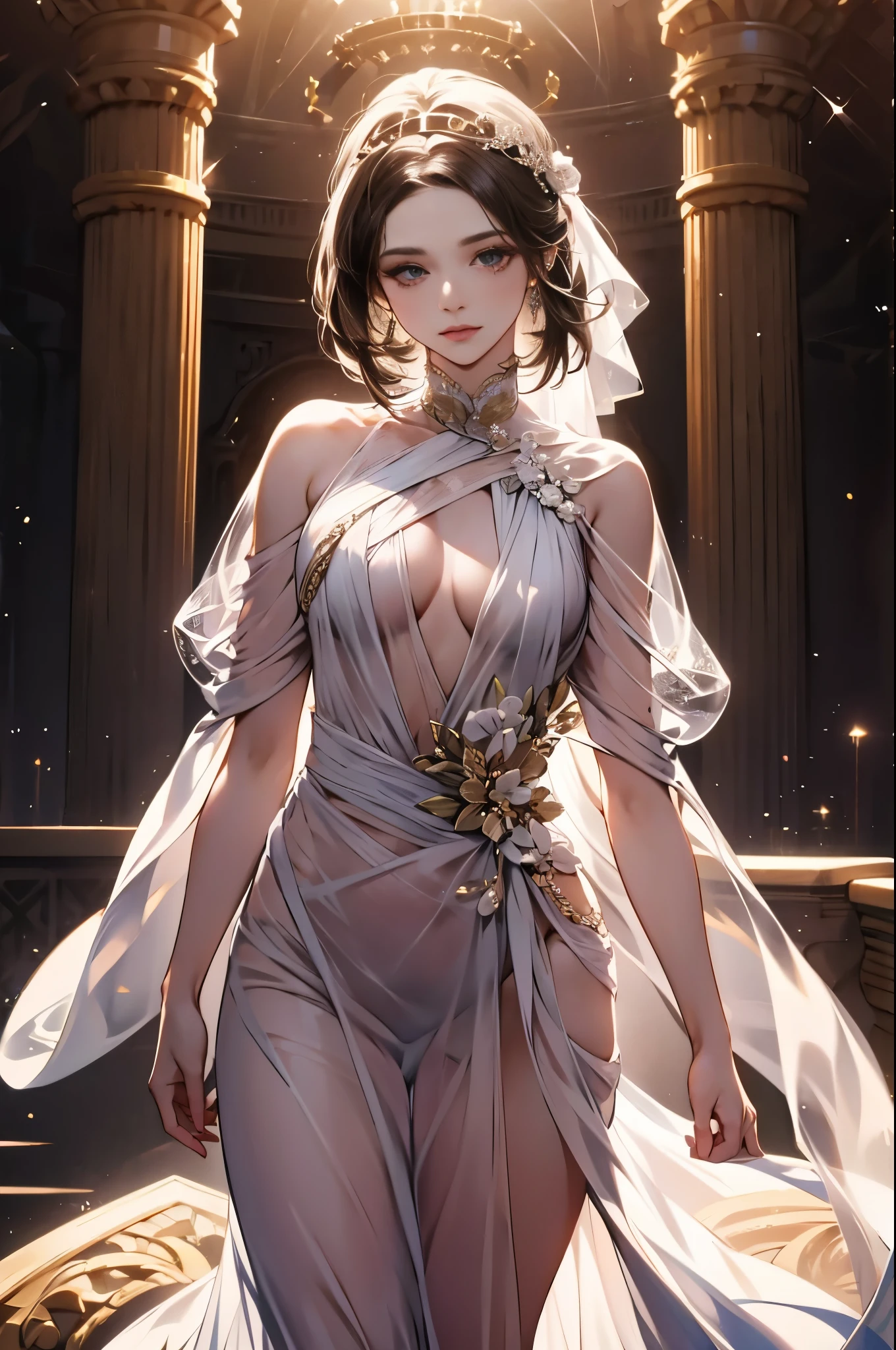 woman, white, fine silk long dress, See-through, Transparent, tie hair, palace, Spotlight, masterpiece, highest quality