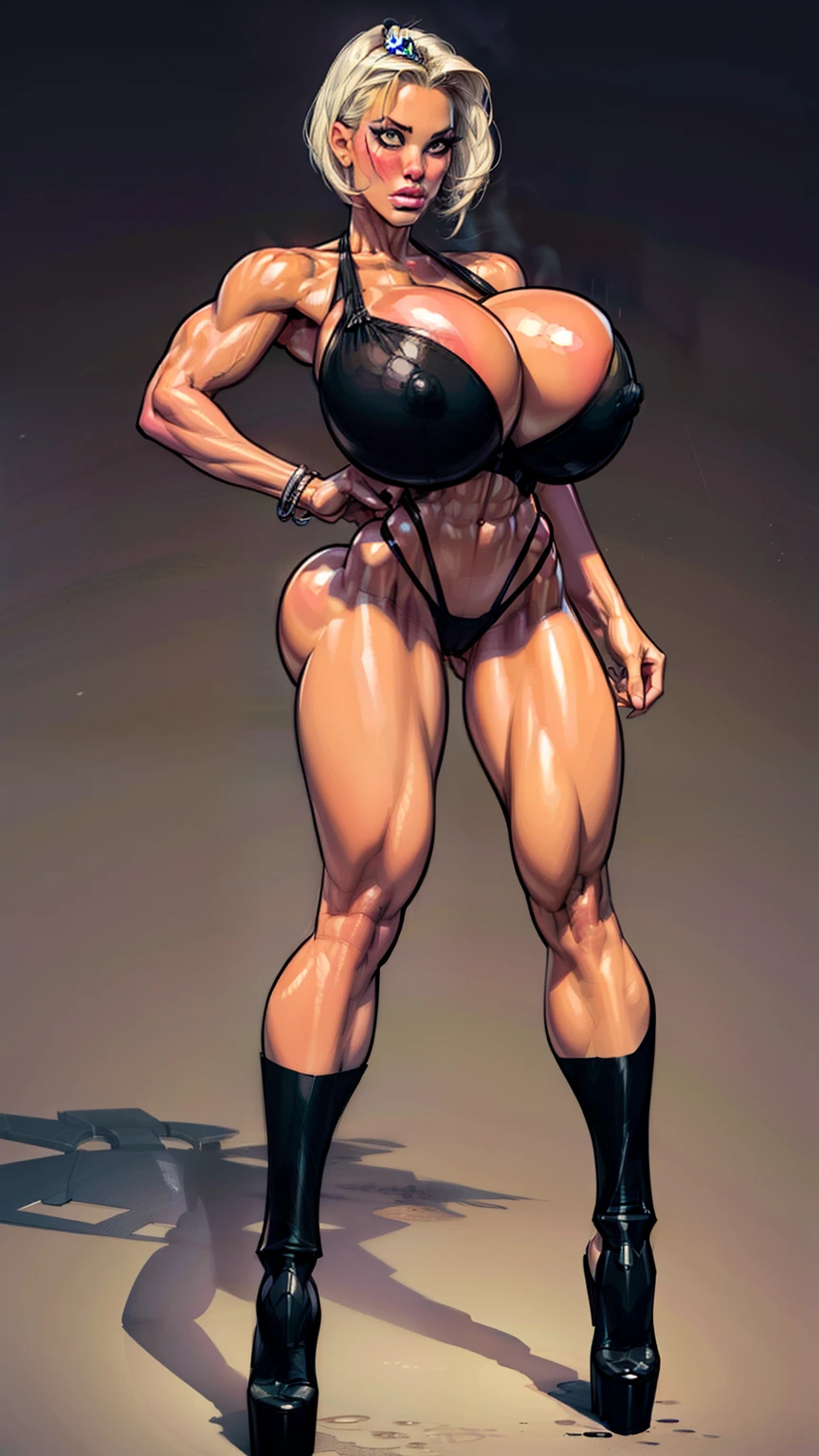 woman, bobcut, blonde, adorned in hues of chrome silver bent down on knees, twerking, metal muscles, emanating a futuristic elegance and technological marvel, armor pump boots, chrome reflective bra, chrome silver tiara, (gigantic breasts:1.5), small armband, exposed midriff, detailed eyes, ((slendered abs )),((huge breastull bodied), wide hipake lips:1.5), slender abs,rim lighting, side light, cinematic light, ultra high definition, 8k, film grain,best shadow, light particles, detailed skin texture, detailed gem armor texture, detailed face, intricate details, super detailed, bright, spiked heel boots