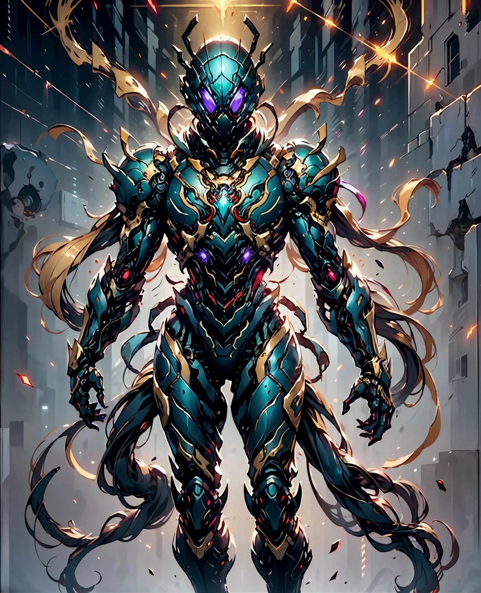 A woman adorned in fantasy-style full-body armor, a crown-concept fully enclosed helmet that unveils only her eyes, a composite layered chest plate, fully encompassing shoulder and hand guards, a lightweight waist armor, form-fitting shin guards, the overall design is heavy-duty yet flexible, (the armor gleams with a golden glow, complemented by red and blue accents), exhibiting a noble aura, she floats above a fantasy-surreal high-tech city, this character embodies a finely crafted fantasy-surreal style armored hero in anime style, exquisite and mature manga art style, (plasma, blood), ((Spider Concept Armor, Element, bio mecha, long legs, elegant, goddess, femminine:1.5)), metallic, high definition, best quality, highres, ultra-detailed, ultra-fine painting, extremely delicate, professional, anatomically correct, symmetrical face, extremely detailed eyes and face, high quality eyes, creativity, RAW photo, UHD, 32k, Natural light, cinematic lighting, masterpiece-anatomy-perfect, masterpiece:1.5