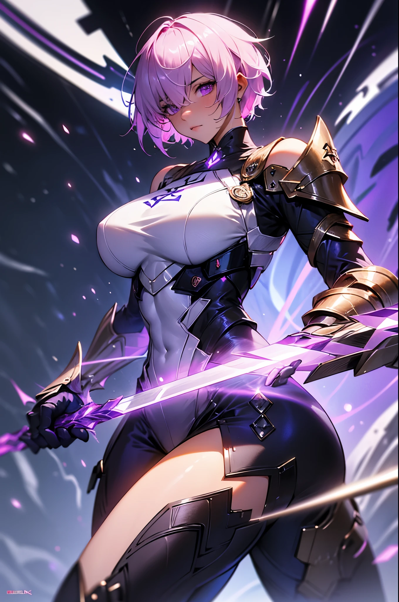 Mash Kyrielight fate grand order, blakc power suit and sleeve, gauntlet, bare shoulder, bare legs, holding cross design giant shield, perfect body shape, soldier aura, serious effect, pink short hair, dark purple pupil, masterpieces, fantasy world, hyper resolution, 16k wallpaper quality, ultra lighting
