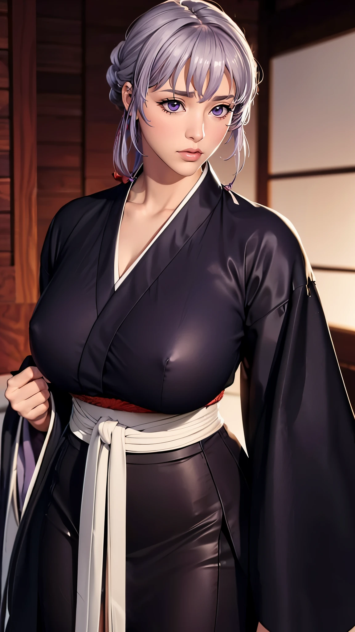 (((完美figure,figure,long sleeves, japanese clothes, kimono, haori, black kimono, hakama, black hakama,(((isane kotetsu, short hair, braid, silvery hair, (purple eyes:1.1), hair braid, ))),))),((masterpiece)),high resolution, ((Best quality at best)),masterpiece,quality,Best quality,((( Exquisite facial features,looking at the audience,There is light in the eyes,Happy))),(((Light and shadow interlace,huge ))),(((looking into camera,from above,looking down,fighting stance)))