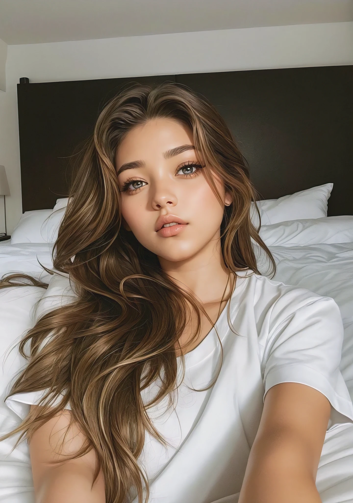 photo capture with phone of a beautiful woman sitting in bed, waking up, Adèle Exarchopoulos Sydney Sweeney, snapchat , minimalistic , free