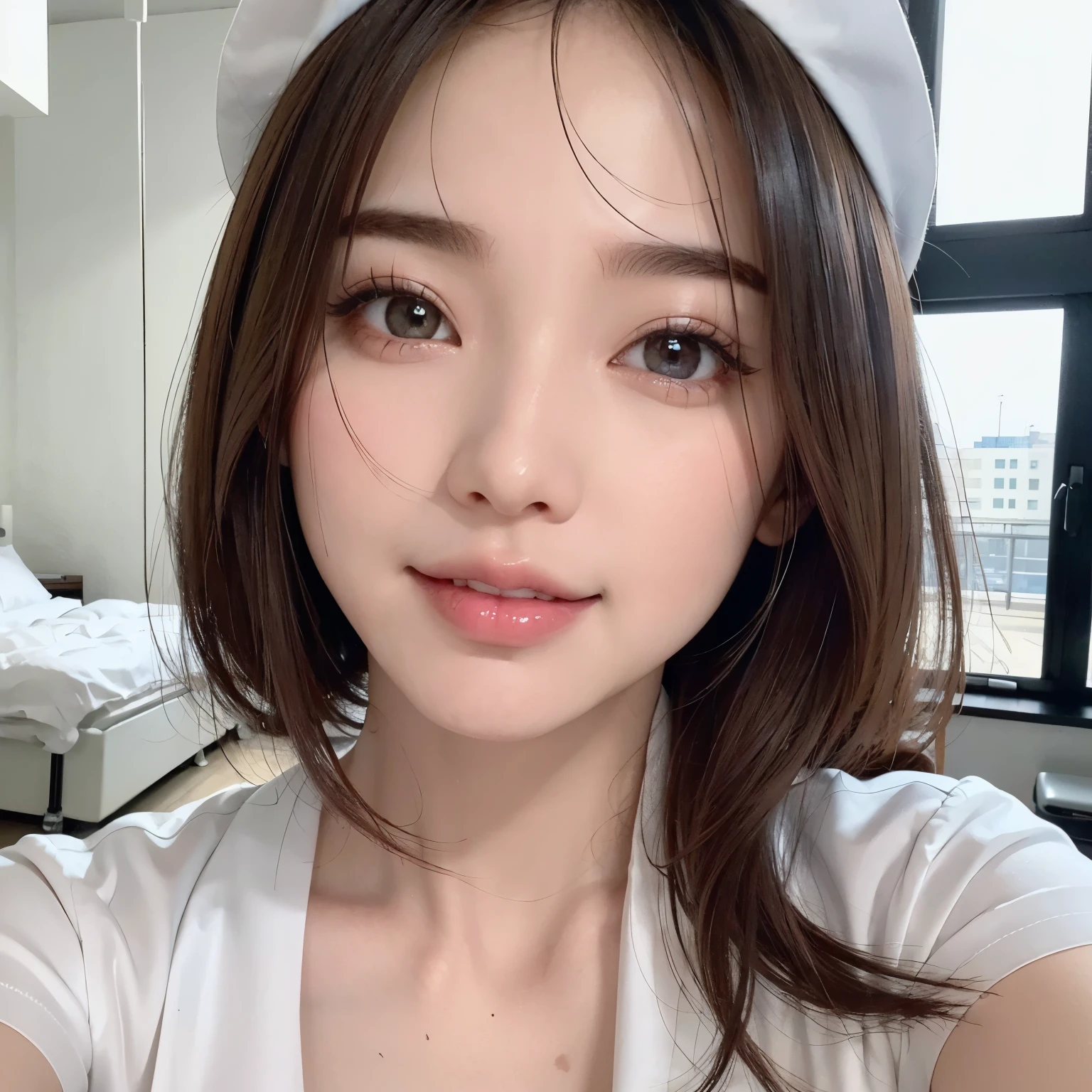 (top-quality、8K、32K、masterpiece、nffsw:1.2)、Photo of a cute Japanese woman、女の子 1 人、(Medium short dark brown hair)、(small tits)、二重まぶた、A transparent white nurse uniform、Little White Nurse (caps) 、White shirt、open-shirt、hospitals、Hospital Room、The upper part of the body、