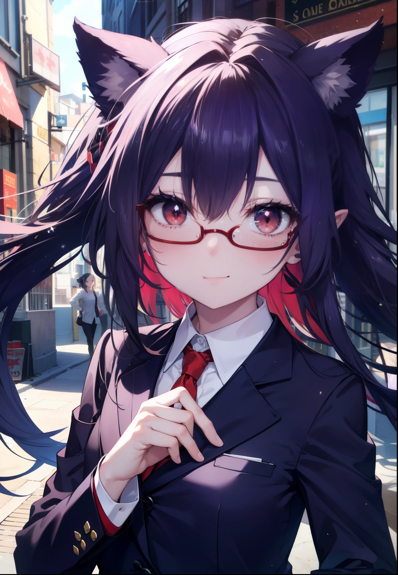 yuukikonno, Yuki Konno, hair band, long hair, pointed ears, purple hair, (red eyes:1.5), (small breasts:1.2), close your mouth,animal ears dog ears,Animal tail dog tail,OL, red glasses, Fundo, black suit jacket, collared jacket, white dress shirt, collared shirt, neckline, button, strap, ID card on neck, black pencil skirt, black pantyhose, smile, blush, morning,morning日
break looking at viewer, Upper body, whole body,
break outdoors, In town,building street,
break (masterpiece:1.2), highest quality, High resolution, unity 8k wallpaper, (figure:0.8), (beautiful and fine eyes:1.6), highly detailed face, perfect lighting, Very detailed CG, (perfect hands, perfect anatomy),