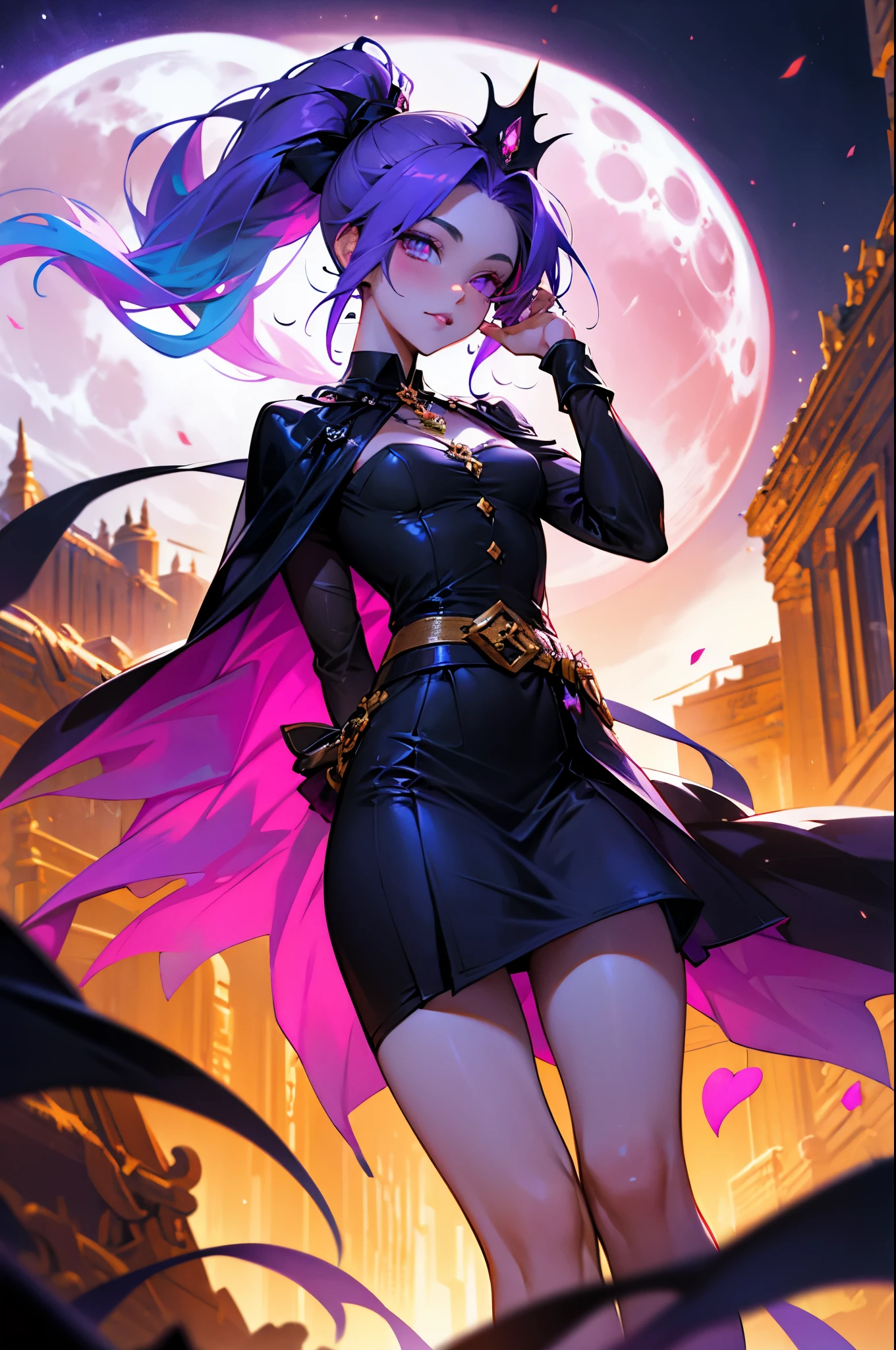 vampire queen, perfect body shape, small breast, battle skirt, (royal cape:1.1), main color is matte black, secondary color is purple, sexy and devil aura, original character, masterpieces, seducing purple pupil, (multi color high pony tail 1:1.2), walking under blood moon and middle of the destroyed city street, purple gem accessories, golden belt, golden necklace, windy and evil effect, soft moon light focus, corruption, extremely delicate and beautiful eyes, messy bang, unique crown