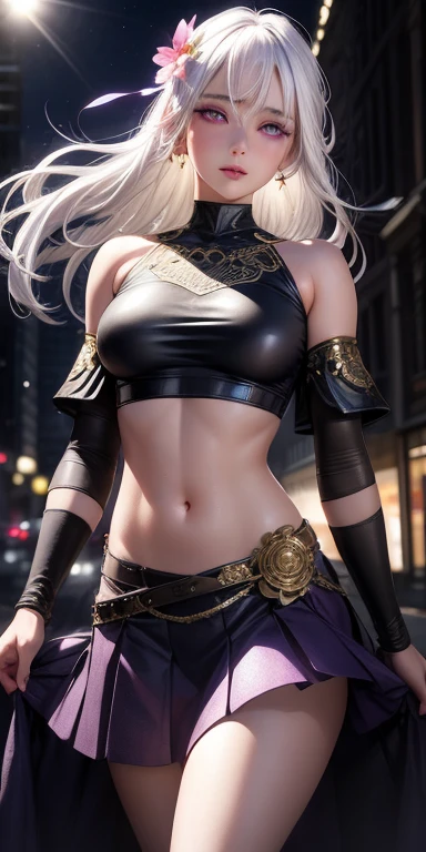 realistic, 1girl, white hair, purple eyes, glowing eyes, crop top, skirt, parted lips, blush, night, flowers, sun, sunlight,