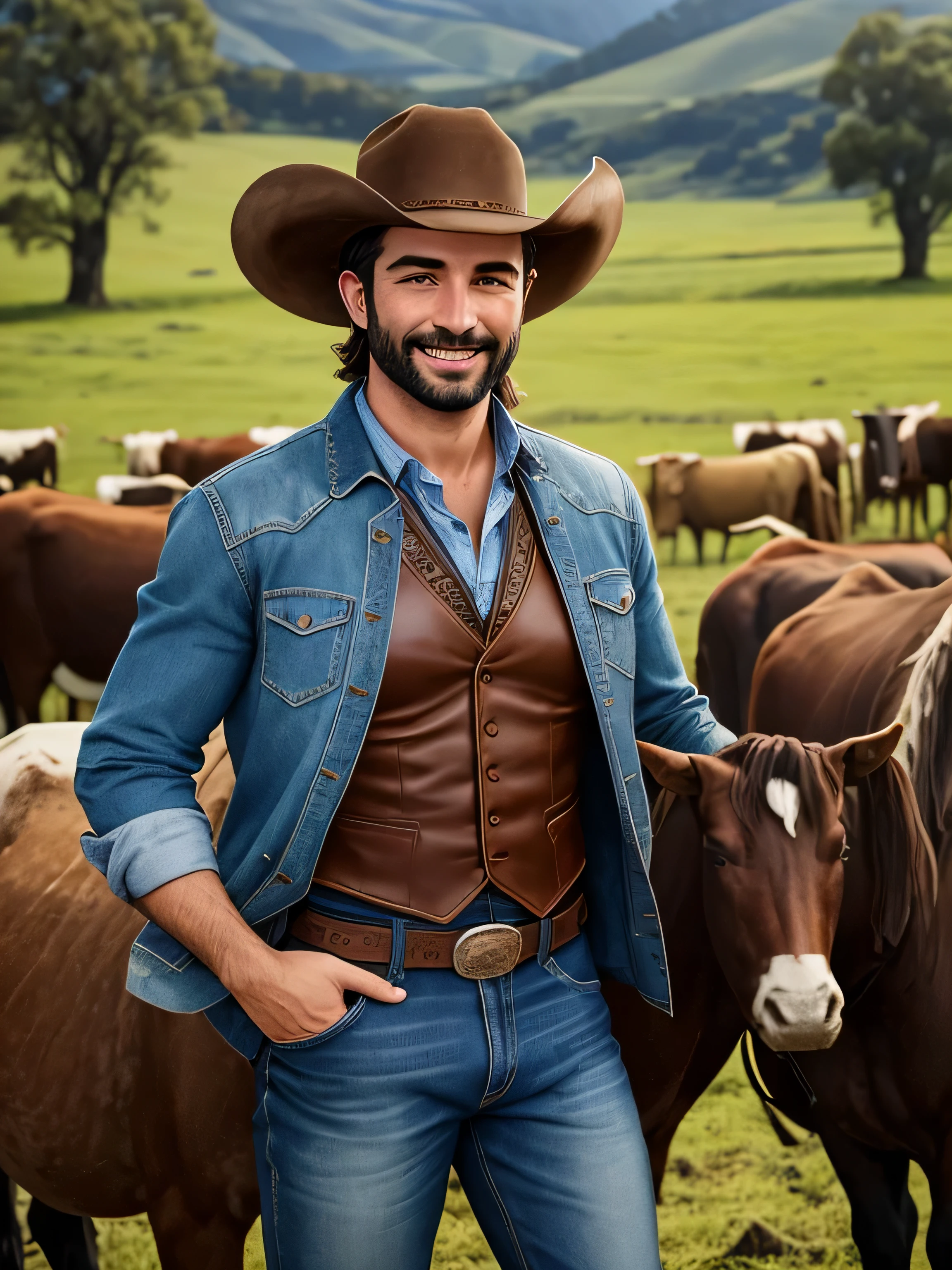 Title: "Vaqueiro Sorridente: Pasture illustration with herd" Description: Create a charming illustration of a 35-year-old cowboy in a country style, apresentando uma barba baixa. Ele veste uma camisa azul claro, um colete preto, jeans, botas de couro, e um cinto de couro robusto. The cowboy is smiling, dando um gesto de positivo, Make sure you capture the essence of the cowboy, o ambiente rural, and friendly interaction with the herd.