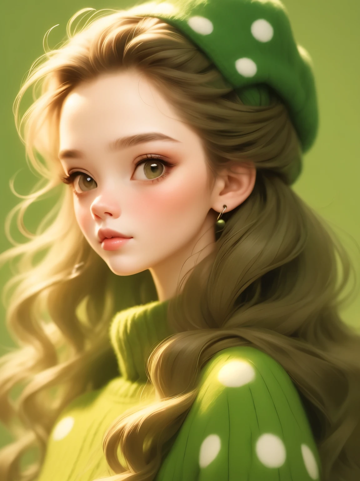 (masterpiece, best quality:1.2),a beautiful girl，Skin detail processing，The eyes are finely described，Delicate hair，wavy long hair，Long light hair，Berets，Green sweater，white dots，denim jacket，Retro contrasting colors，clean background
