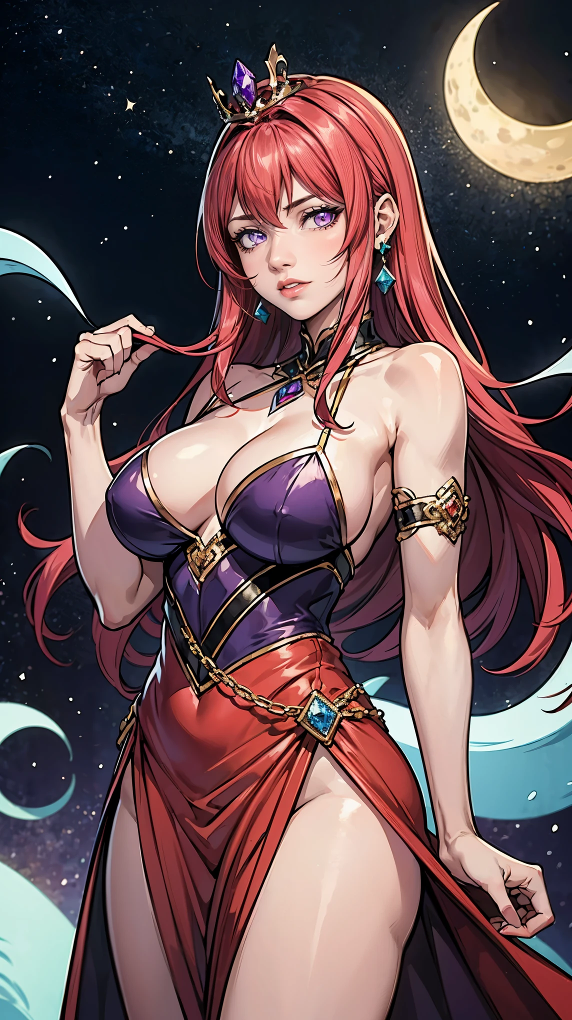 ((TakashiroHiroko, masterpiece, (dark purple eyes) dark pink lisptick)), crown, diamond tiara, (dress queen, Queen, Empress, fighting position, Ghostly background), foggy, The Queen's Spirit, surreal portal, sensual crescent moon)), TakashiroHiroko, 1girl, mature woman, alone, cowboy shot, looking at viewer, blushing, dark purple eyes, long hair, red hair, earrings, jewelry