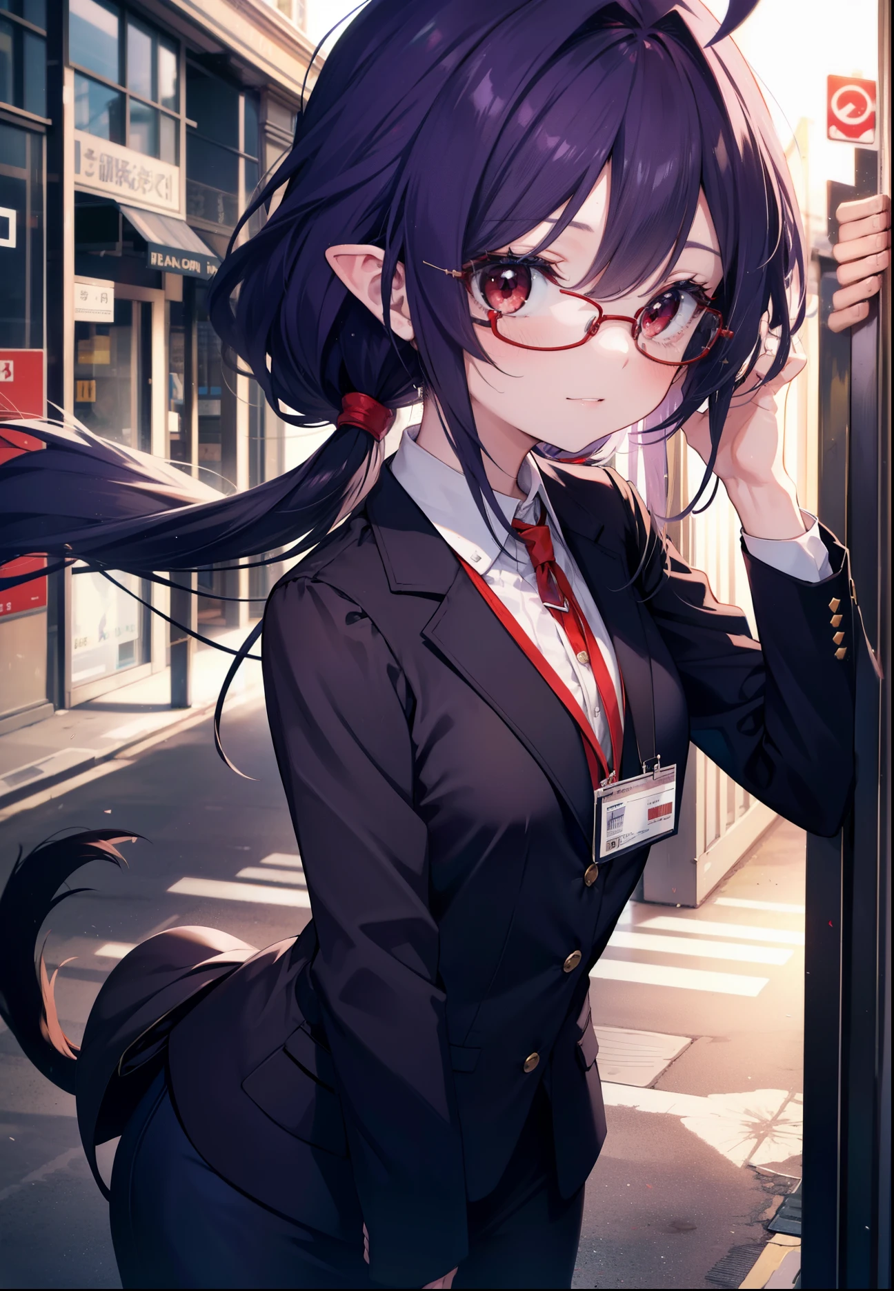 yuukikonno, Yuki Konno, hair band, long hair, pointed ears, purple hair, (red eyes:1.5), (small breasts:1.2), Ahoge,close your mouth,animal ears dog ears,Animal tail dog tail,OL, red glasses, Fundo, black suit jacket, collared jacket, white dress shirt, collared shirt, neckline, button, strap, ID card on neck, black pencil skirt, black pantyhose, smile, blush, morning,morning日
break looking at viewer, Upper body, whole body,
break outdoors, In town,building street,
break (masterpiece:1.2), highest quality, High resolution, unity 8k wallpaper, (figure:0.8), (beautiful and fine eyes:1.6), highly detailed face, perfect lighting, Very detailed CG, (perfect hands, perfect anatomy),