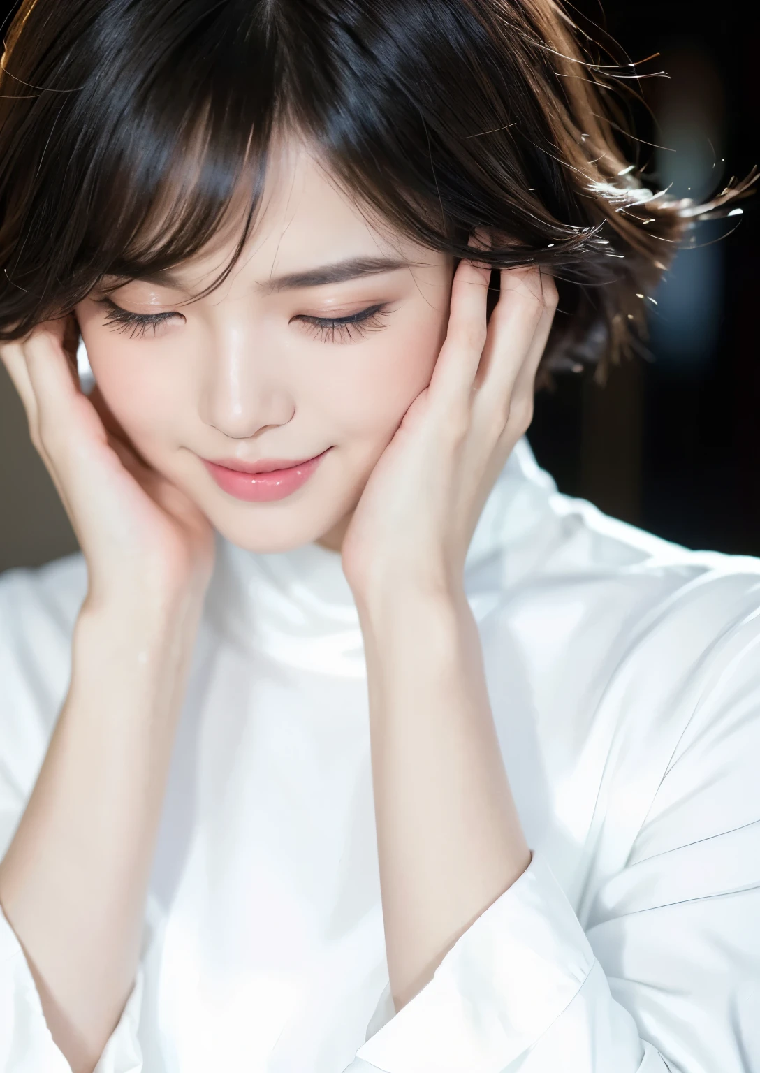 (Best quality, 8k, 32k, Masterpiece, UHD:1.2) "Generate a captivating artwork featuring a young Japanese girl model with short, sleek black hair styled in a chic bob haircut. Envision her bathed in dramatic cinematic lighting, creating an atmosphere of allure and mystery. Emphasize a romantic aesthetic vibe, showcasing the model in a poised and elegant pose that evokes a sense of intimacy and sophistication. Utilize warm and soft tones to enhance the romantic ambiance, and consider incorporating elements like flowing fabrics or flowers to add a touch of ethereal beauty. Capture the essence of romance and beauty through the model's expression, the play of light and shadows, and the overall aesthetic, creating a visually compelling and emotionally resonant piece." (perfect eyes), flawless skin, flawless face, cinematic, tight body, ((well-proportion female hands)), ((female hands with five digits)) ((Body is well proportioned)), ((chic bob haircut)), smiling, laughing
