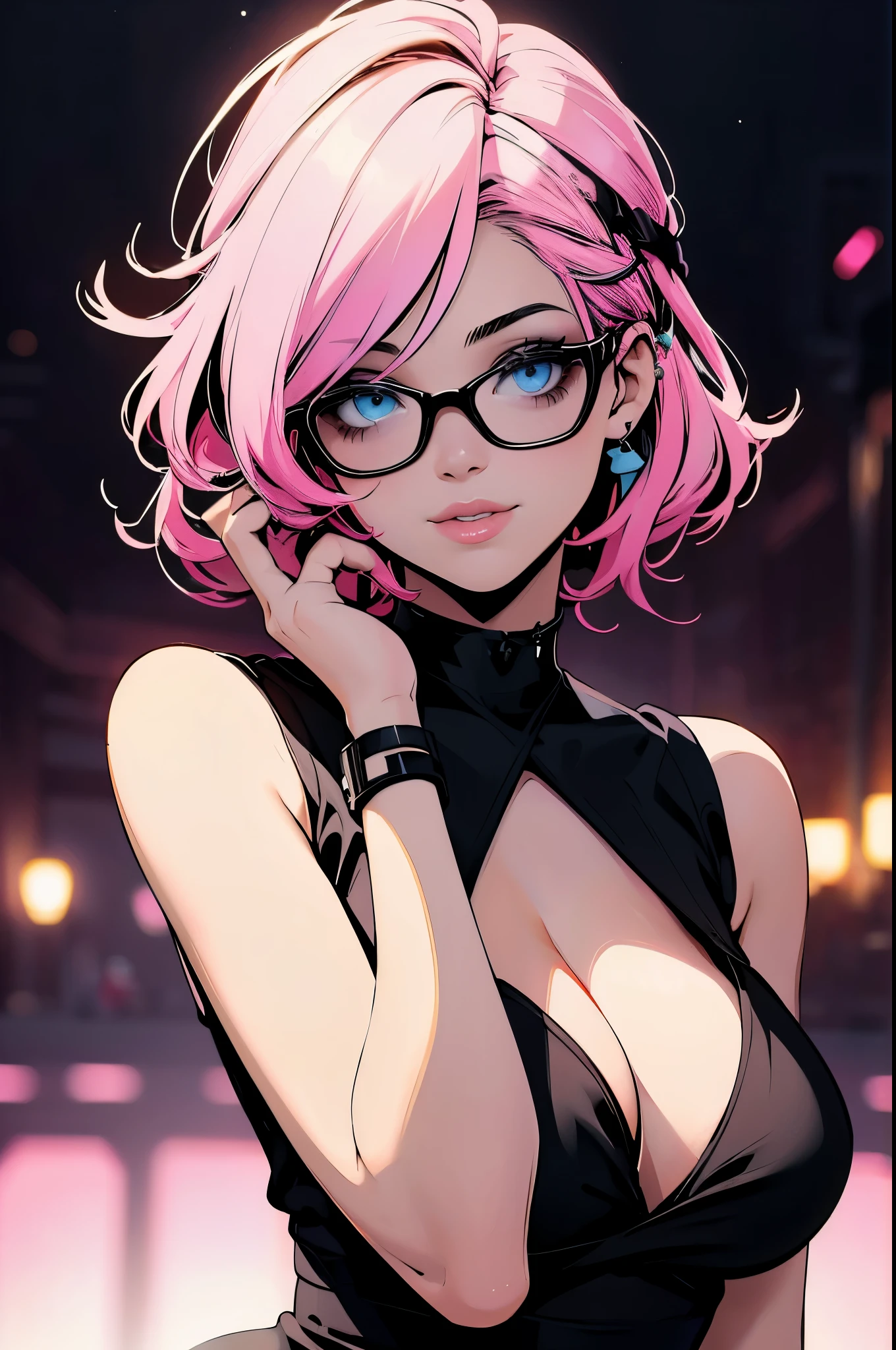 1girl:1.3, (pastel color line art:1.3), ((best quality)), ((masterpiece)), 1 girl, young, pink hair, asymmetric short hair, blue eyes, pale skin, big breast, black dress, sleeveless, v neck, cleavage, glasses, pink lips, lashes, red makeup, looking happy, pink filter, pink light, simple background, bokeh, blurry background, retro art pose, pop art pose