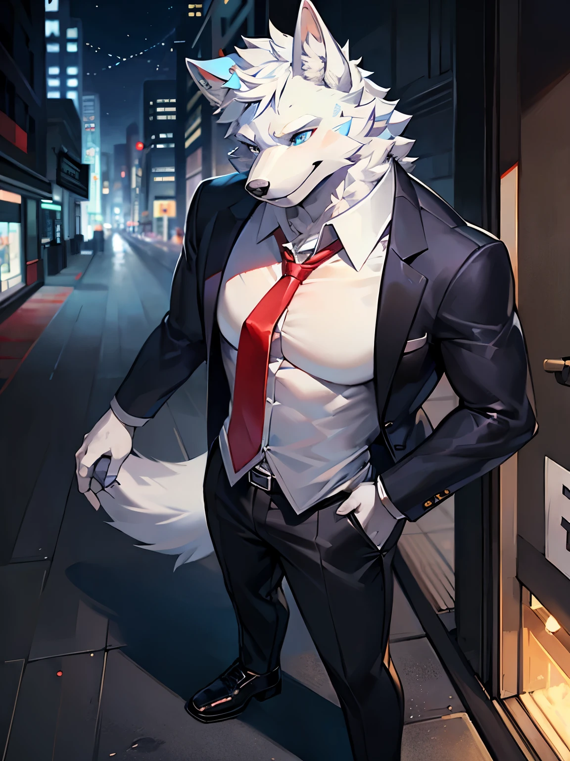 Blue-white fur wolf, wear a suit, white shirt, red tie, black pants, shoes, charismatic gaze, background city, best quality, standing, detail background, detail fur, perfect eyes, detail face, perfect all, masterpiece, detail body, 8k quality, muscular 