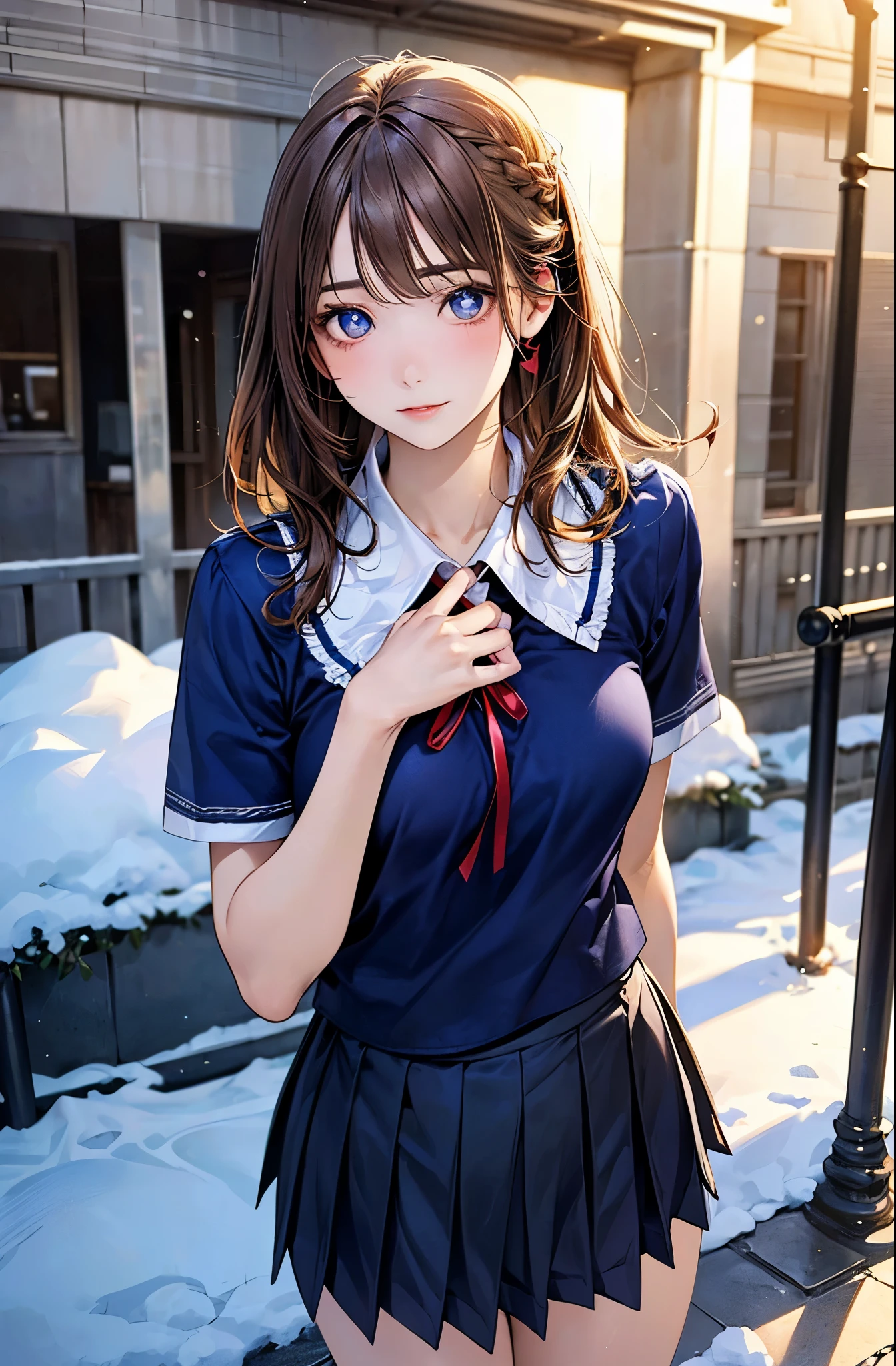 (masterpiece:1.2, top-quality), (realistic, photorealistic:1.4), beautiful illustration, (natural side lighting, movie lighting), nsfw,
looking at viewer, face focus, upper body, 1 girl, japanese, high school girl, perfect face, cute and symmetrical face, shiny skin,
(shoet hair:1.2, half updo:1.2, light brown hair), asymmetrical bangs, blue eyes, drooping eyes, long eye lasher, (medium breasts), slender,
beautiful hair, beautiful face, beautiful detailed eyes, beautiful clavicle, beautiful body, beautiful chest, beautiful thigh, beautiful legs, beautiful fingers,
((detailed cloth texture, short sleeves white collared shirts, navy blue pleated mini skirt, red neck ribbon)),
(beautiful scenery), winter, evening, (outdoors), , (heart shaped pupils, in heat, aroused),