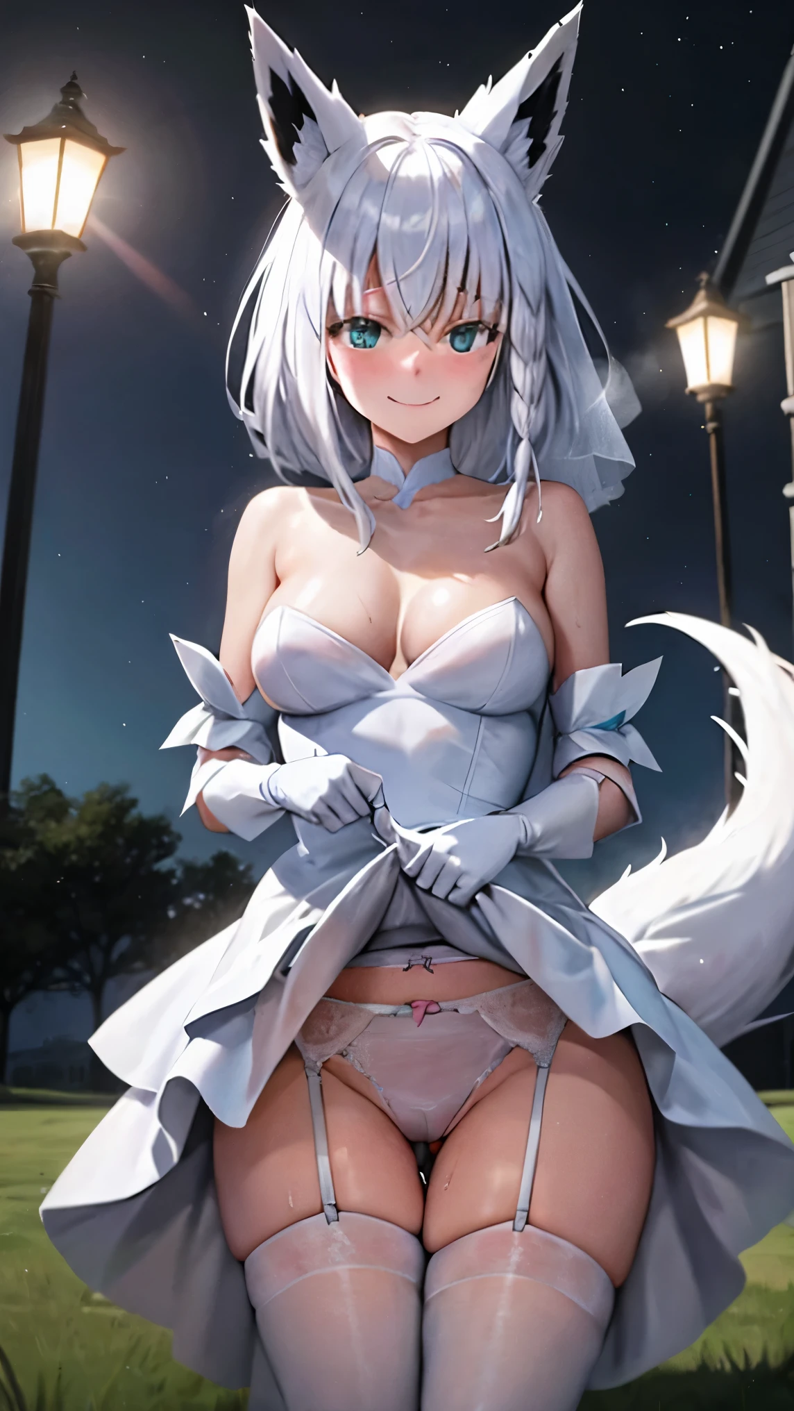 NSFW,Hololive,Shirakami Fubuki,fox ears,fox tail,light blue wedding dress,mini skirt,garter belt,wedding gloves,shy smile,Church on the meadow at night,4K,masterpiece