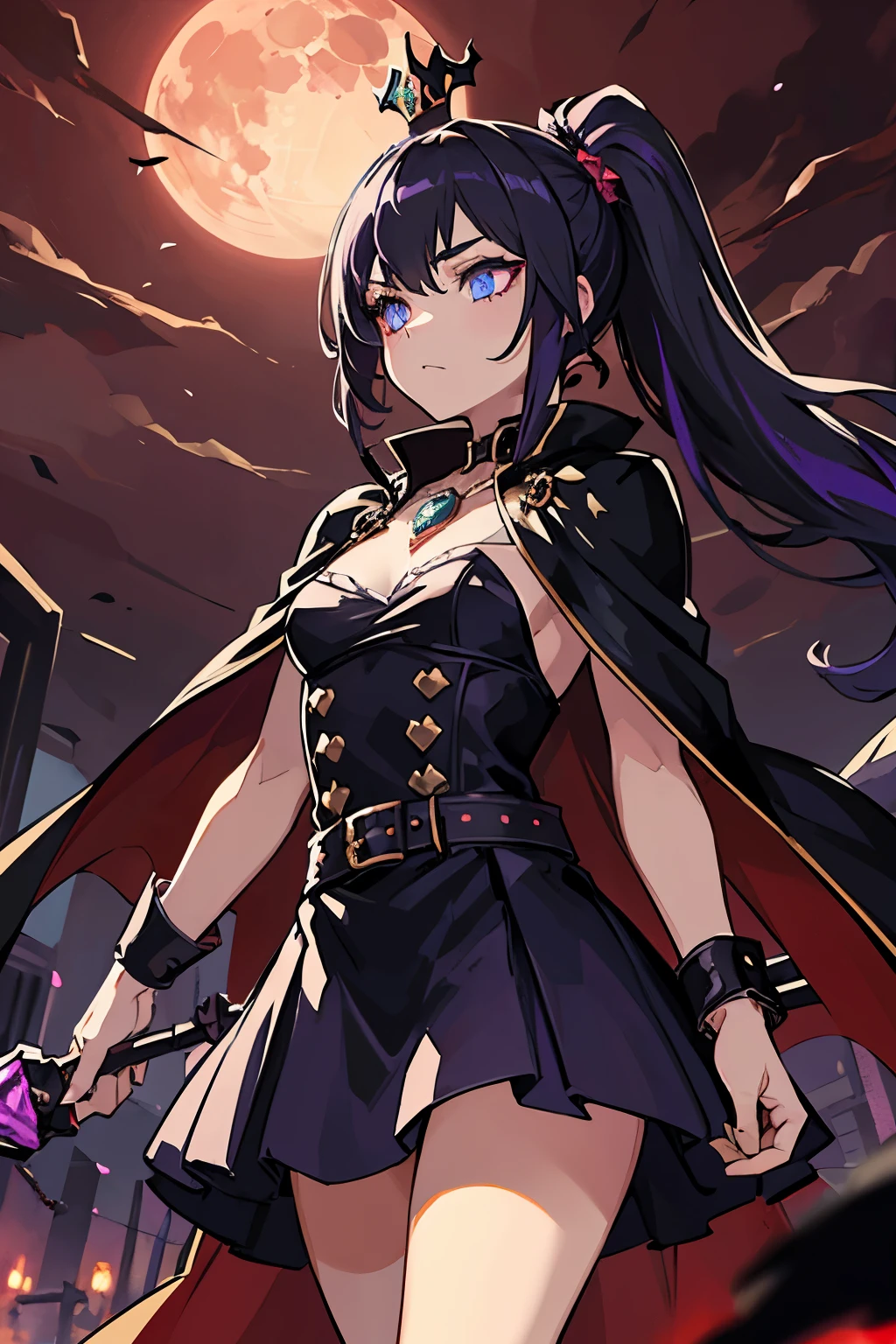 vampire queen, perfect body shape, small breast, battle skirt, (royal cape:1.1), main color is matte black, secondary color is purple, sexy and devil aura, original character, masterpieces, seducing purple pupil, (multi color high pony tail 1:1.2), walking under blood moon and middle of the destroyed city street, purple gem accessories, golden belt, golden necklace, windy and evil effect, soft moon light focus, corruption, extremely delicate and beautiful eyes, messy bang, unique crown