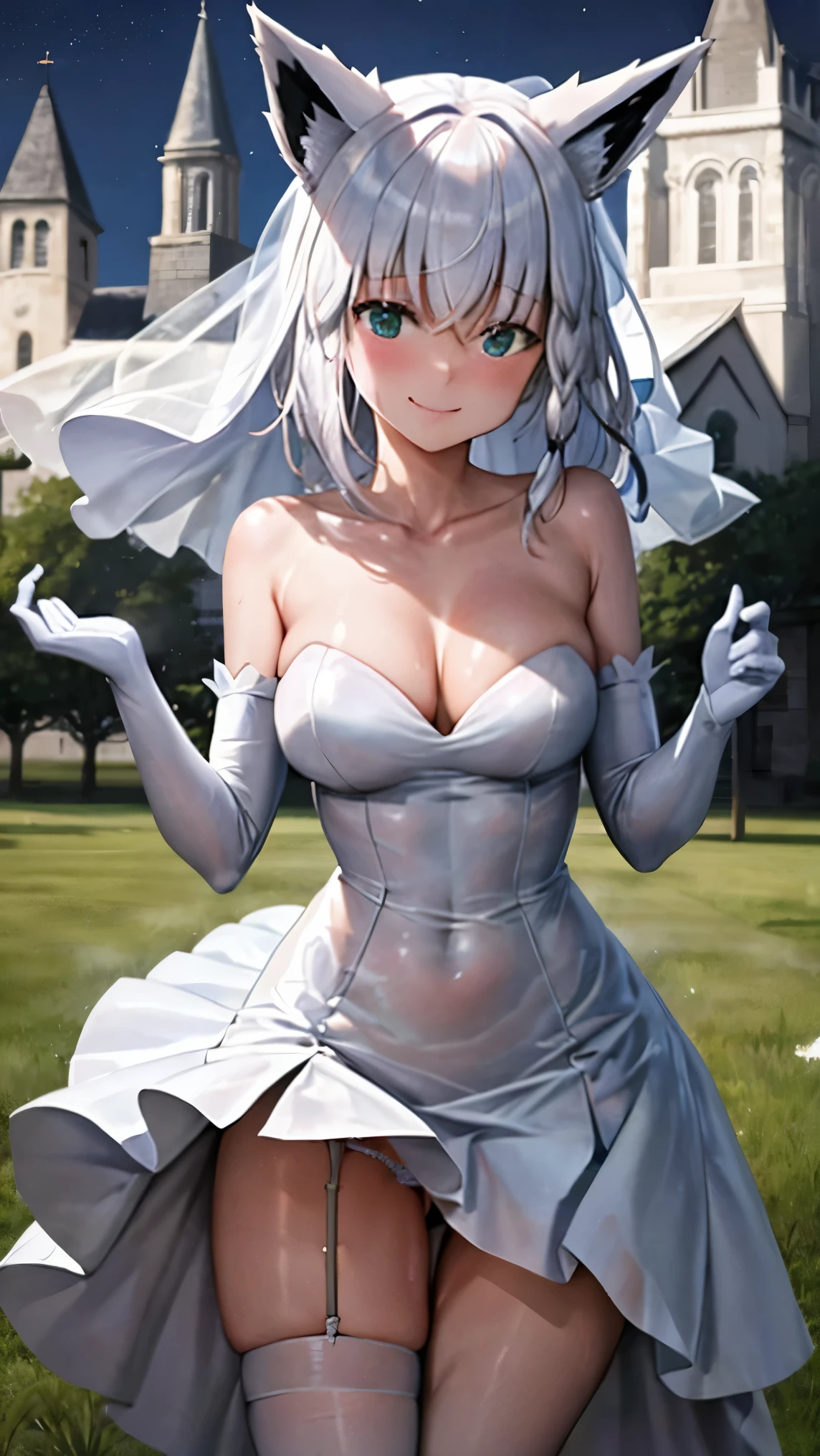 NSFW,Hololive,Shirakami Fubuki,fox ears,fox tail,light blue wedding dress,mini skirt,garter belt,wedding gloves,shy smile,Church on the meadow at night,4K,masterpiece