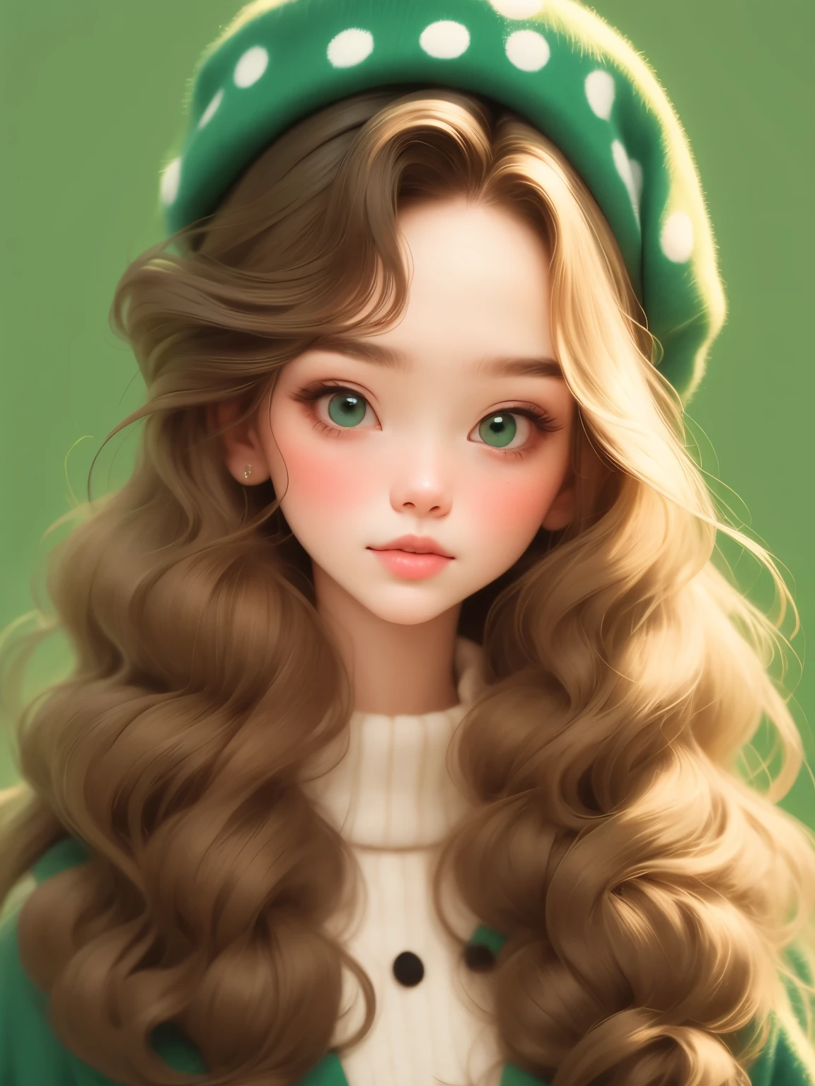 (masterpiece, best quality:1.2),a beautiful girl，Skin detail processing，The eyes are finely described，Delicate hair，wavy long hair，Long light hair，Berets，green sweater dress，white dots，denim jacket，Retro contrasting colors，clean background
