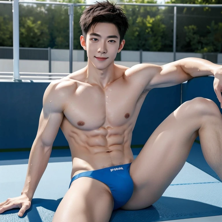 Korean male gymnast, slim chest and abdominal muscles, broad shoulders, pale skin, handsome face, joyful expression, wet with sweat, holding a water bottle, fine facial features, sitting on the edge of the gymnastics field taking a break, sharp image, Looking at the camera, full body, studio lights, modeling, sexy and cute, sexy pose, swim briefs, masterpiece, best quality, extreme resolution, 8K, (((photorealistic)))