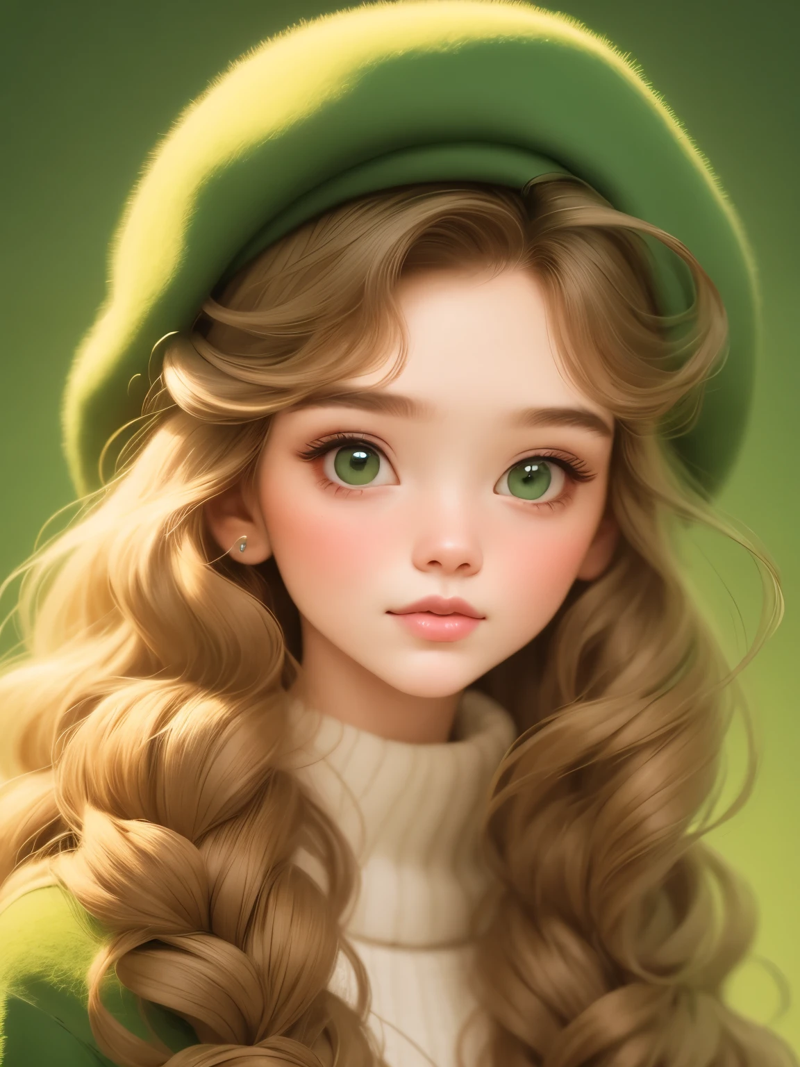 (masterpiece, best quality:1.2),a beautiful girl，Skin detail processing，The eyes are finely described，Delicate hair，wavy long hair，Long light hair，Berets，green sweater dress，white dots，denim jacket，Retro contrasting colors，clean background
