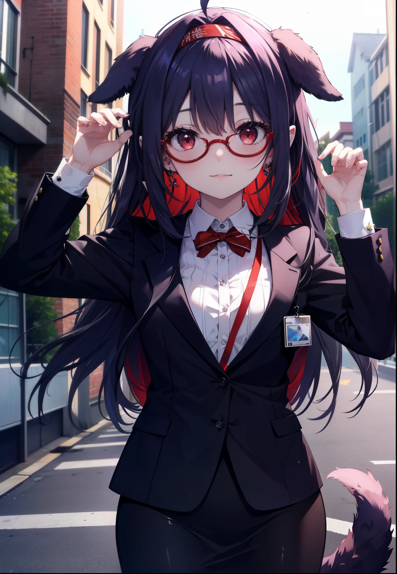 yuukikonno, Yuki Konno, hair band, long hair, pointed ears, purple hair, (red eyes:1.5), (small breasts:1.2), Ahoge,close your mouth,animal ears　dog ears,Animal tail　dog tail,OL, red glasses, Fundo, black suit jacket, collared jacket, white dress shirt, collared shirt, neckline, button, strap, ID card on neck, black pencil skirt, black pantyhose, smile, blush, morning,morning日
break looking at viewer, Upper body, whole body,
break outdoors, In town,building street,
break (masterpiece:1.2), highest quality, High resolution, unity 8k wallpaper, (figure:0.8), (beautiful and fine eyes:1.6), highly detailed face, perfect lighting, Very detailed CG, (perfect hands, perfect anatomy),